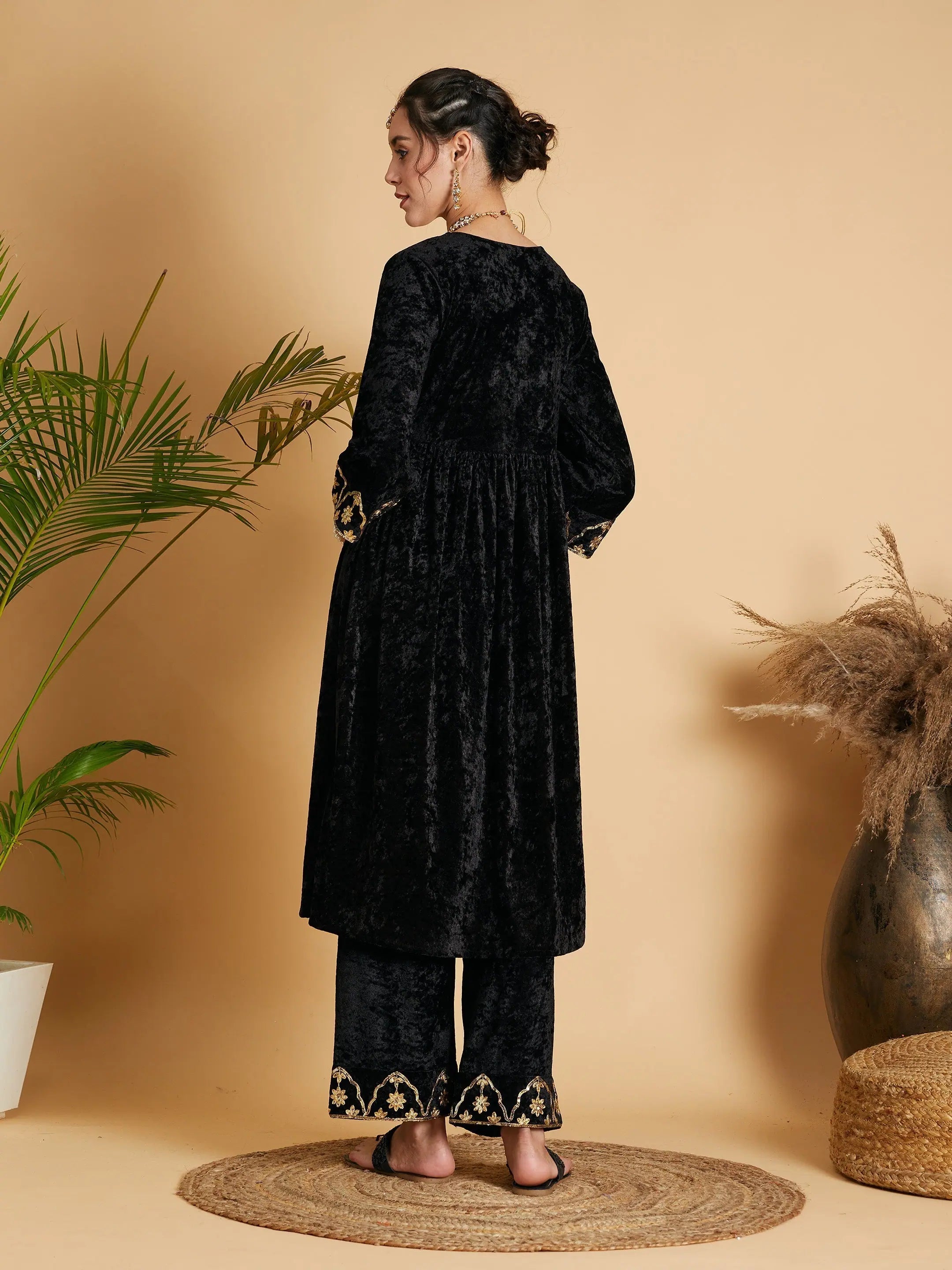 Black Velvet Embroidered Fit & Flare Indian Kurtas for Women