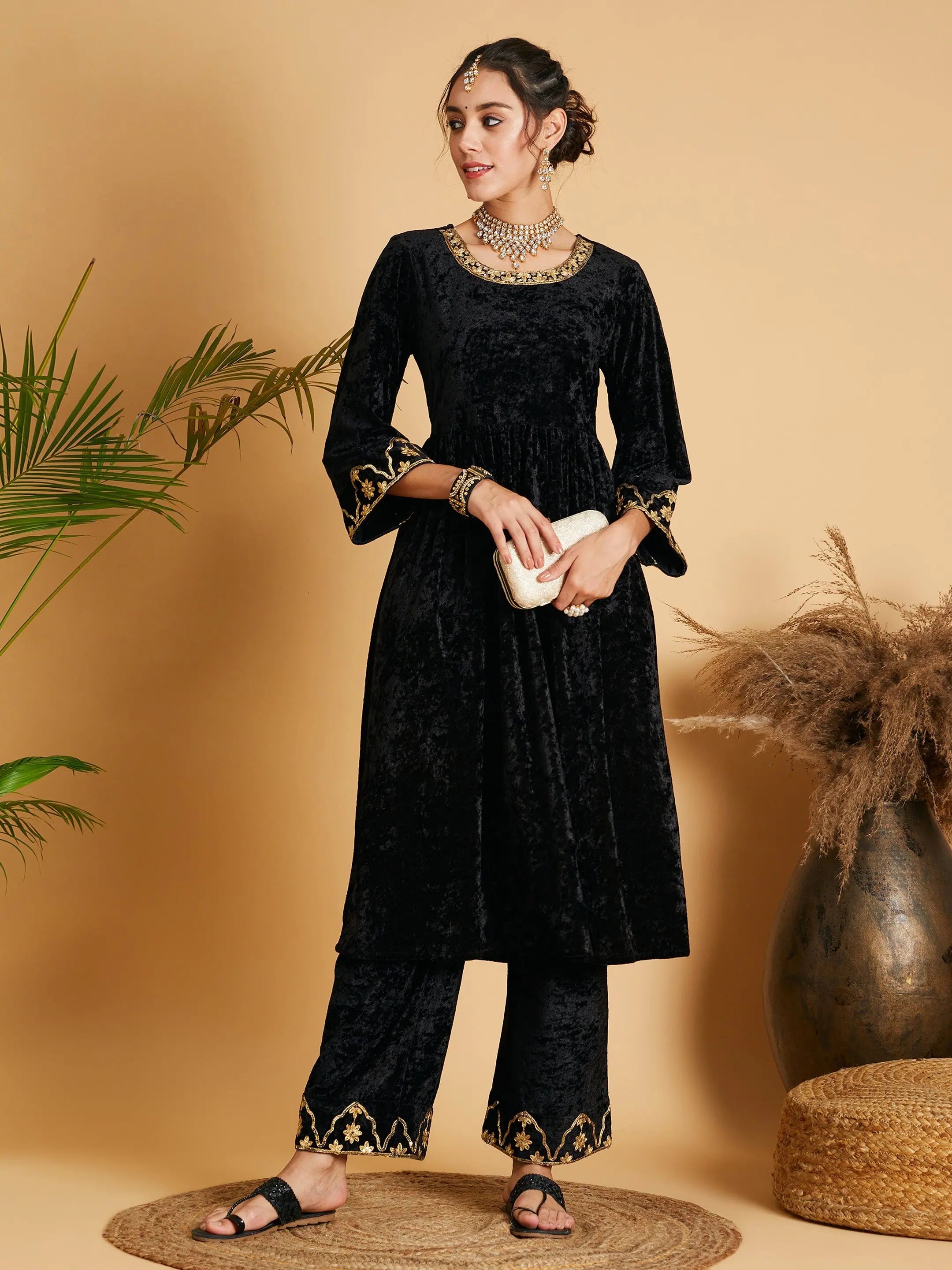Embroidered Black Velvet Pants - Western Outfits for Women