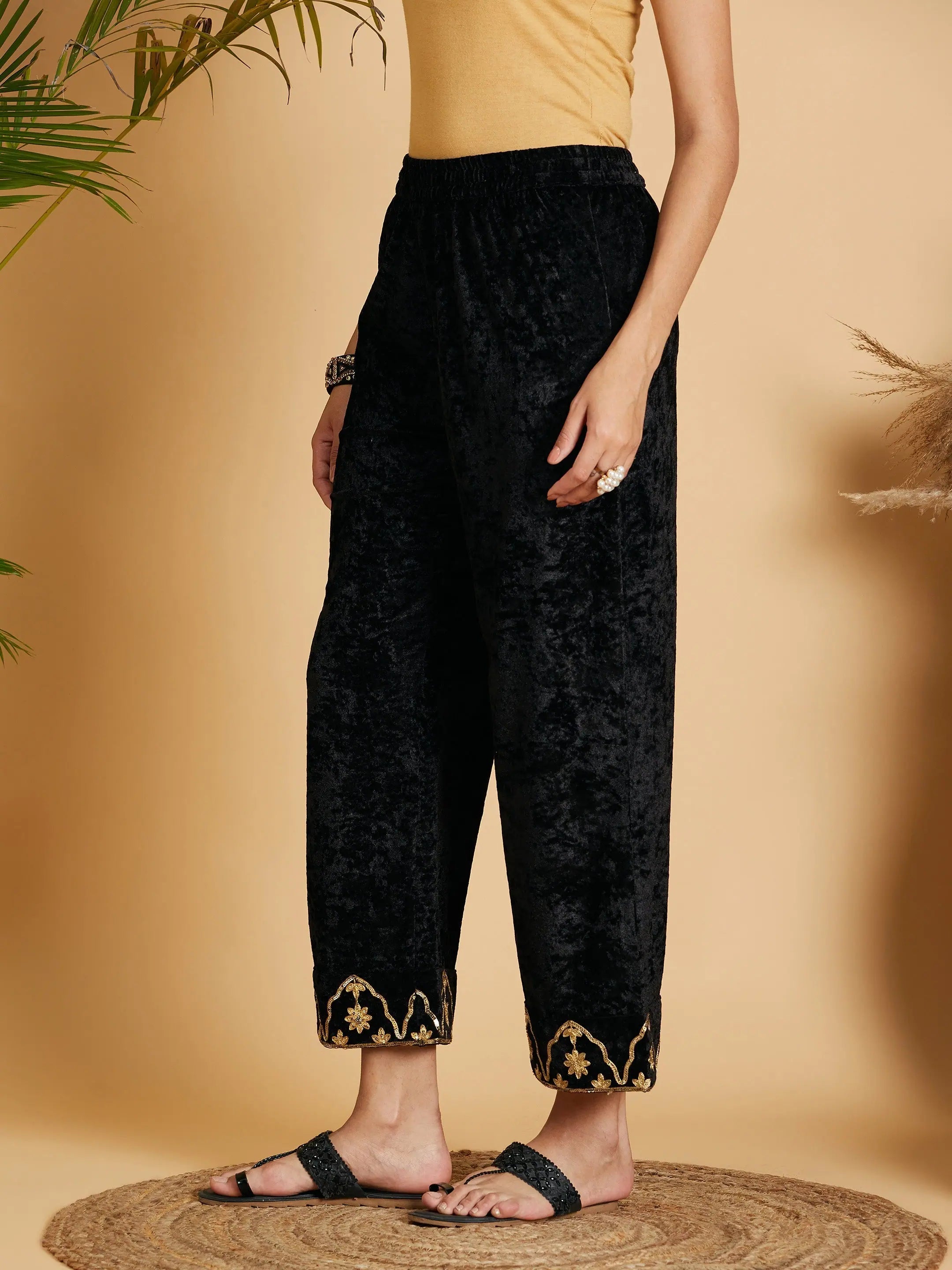 Embroidered Black Velvet Pants - Western Outfits for Women