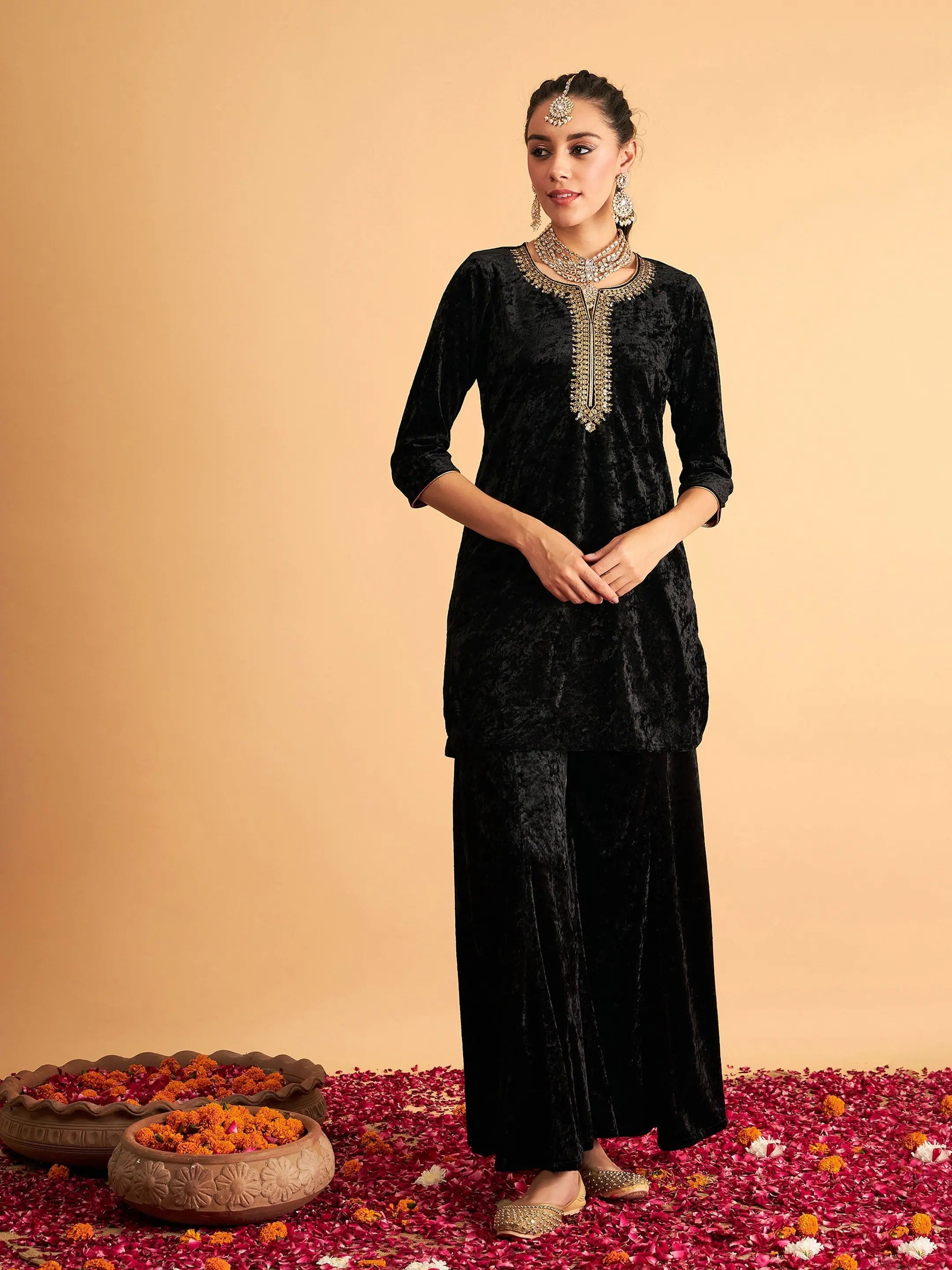 Black Velvet Embroidered Kurta - Indian Kurta Ladies Tunic Top - Style 1