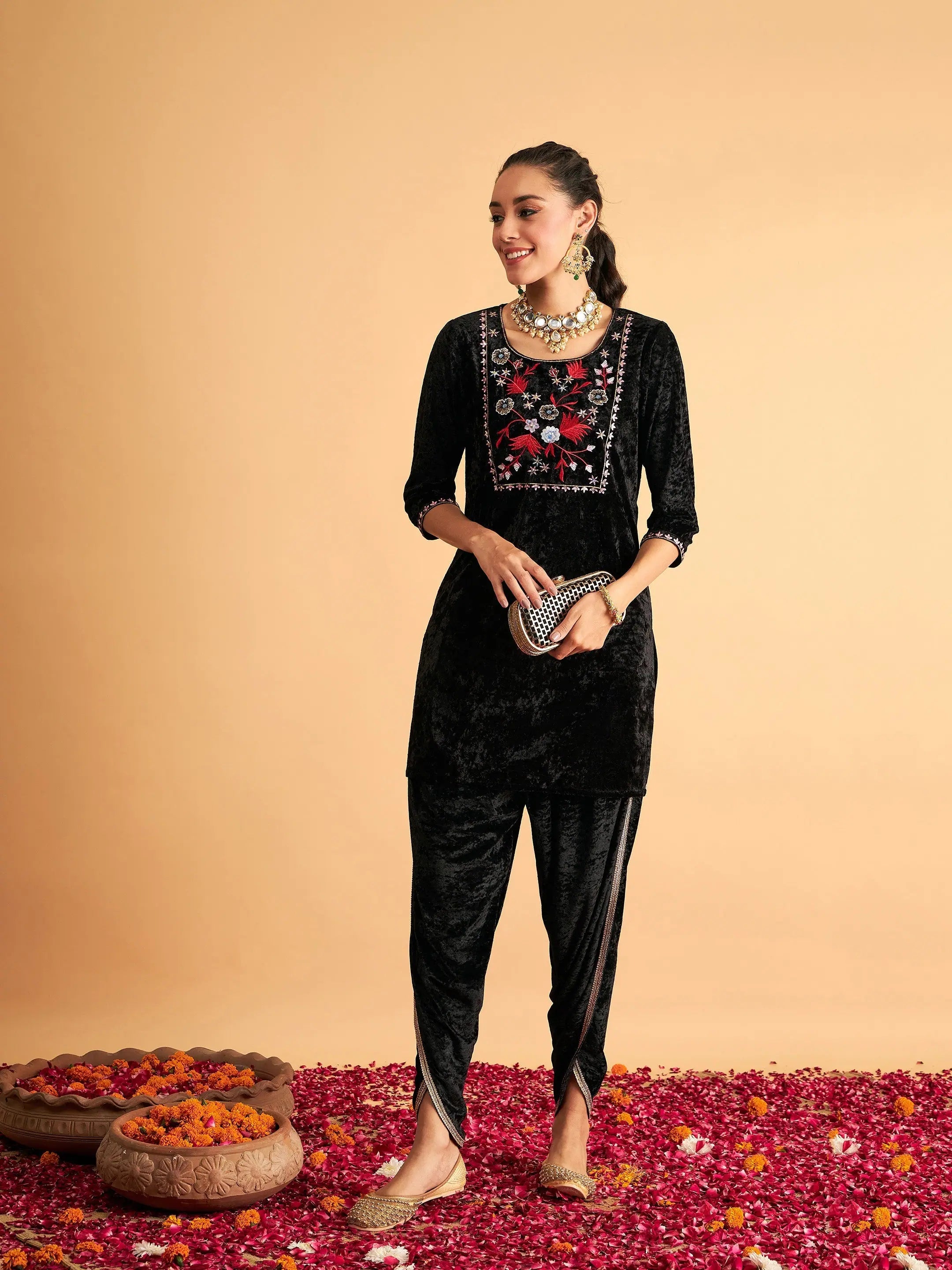 Black Velvet Dhoti Pants - Women's Western Wear Outfits