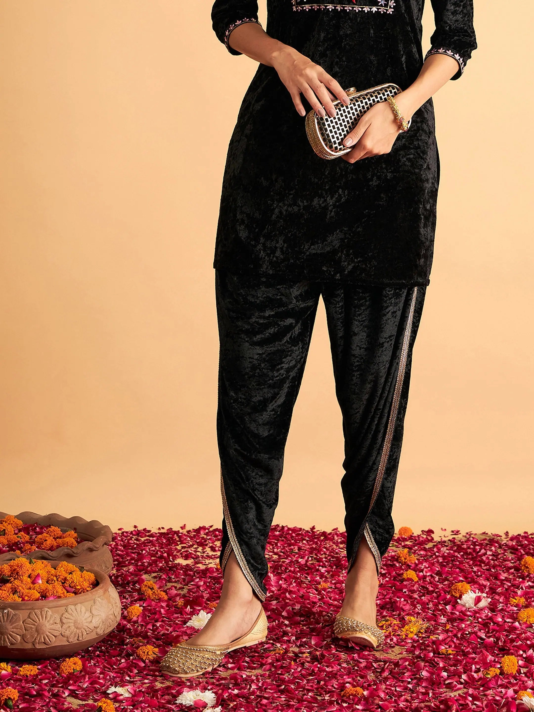 Black Velvet Dhoti Pants - Women's Western Wear Outfits