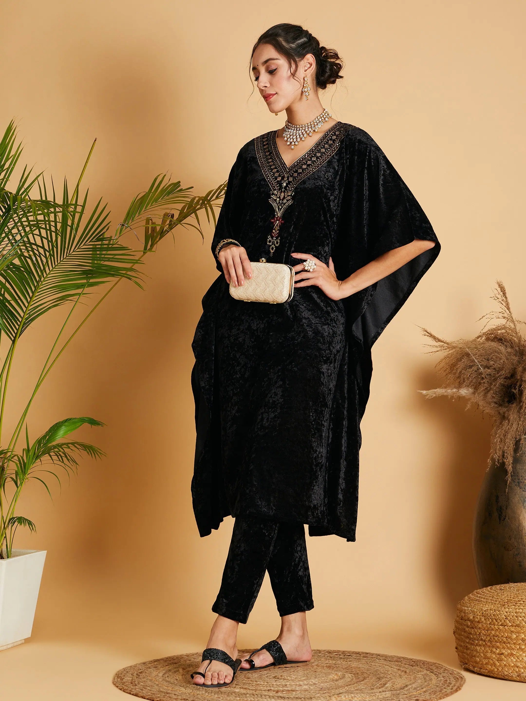 Black Velvet Kaftan Kurta - Elegant Women's Tops and Shirts