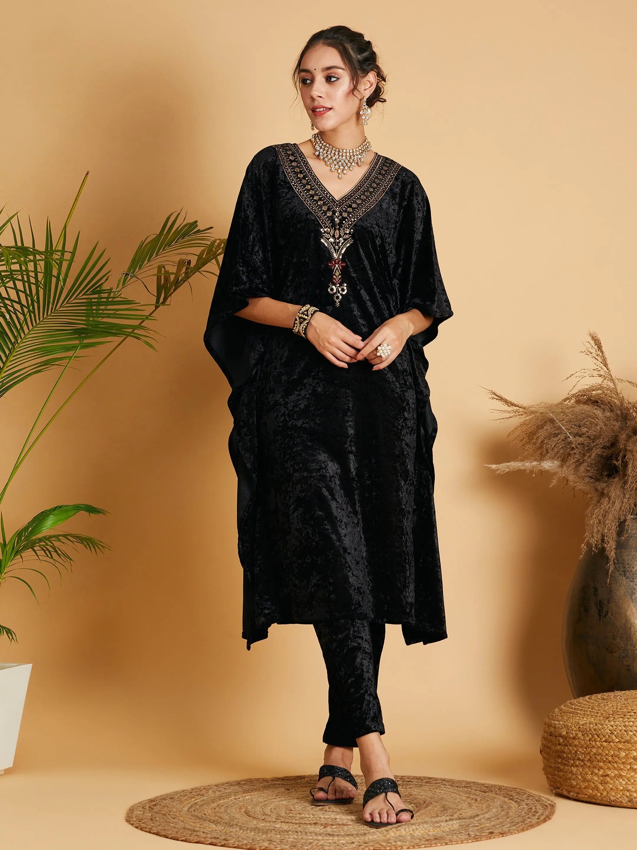 Black Velvet Kaftan Kurta - Elegant Women's Tops and Shirts