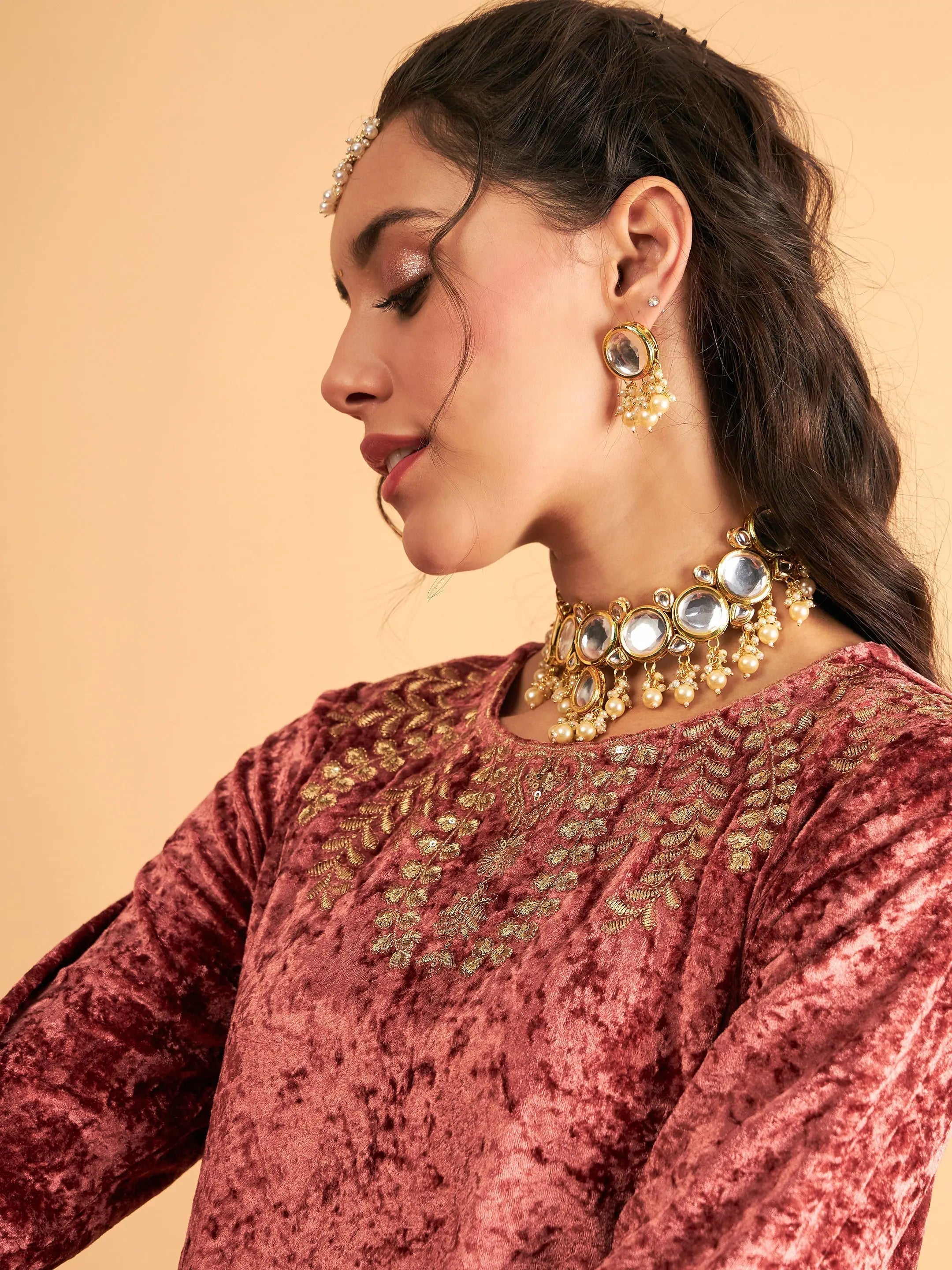 Neck Embroidered Velvet Kurta - Flared Indian Kurtis for Women