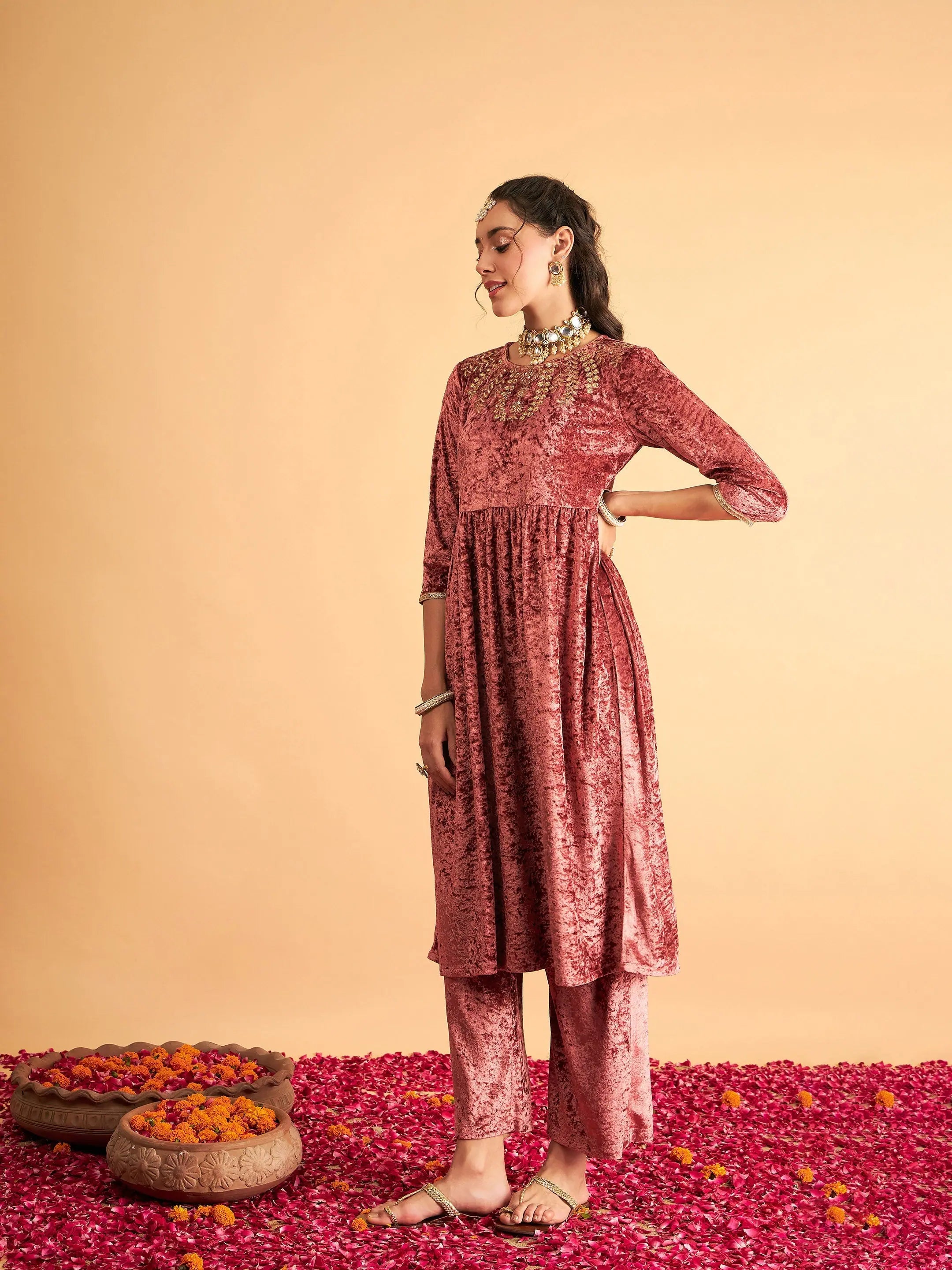 Neck Embroidered Velvet Kurta - Flared Indian Kurtis for Women