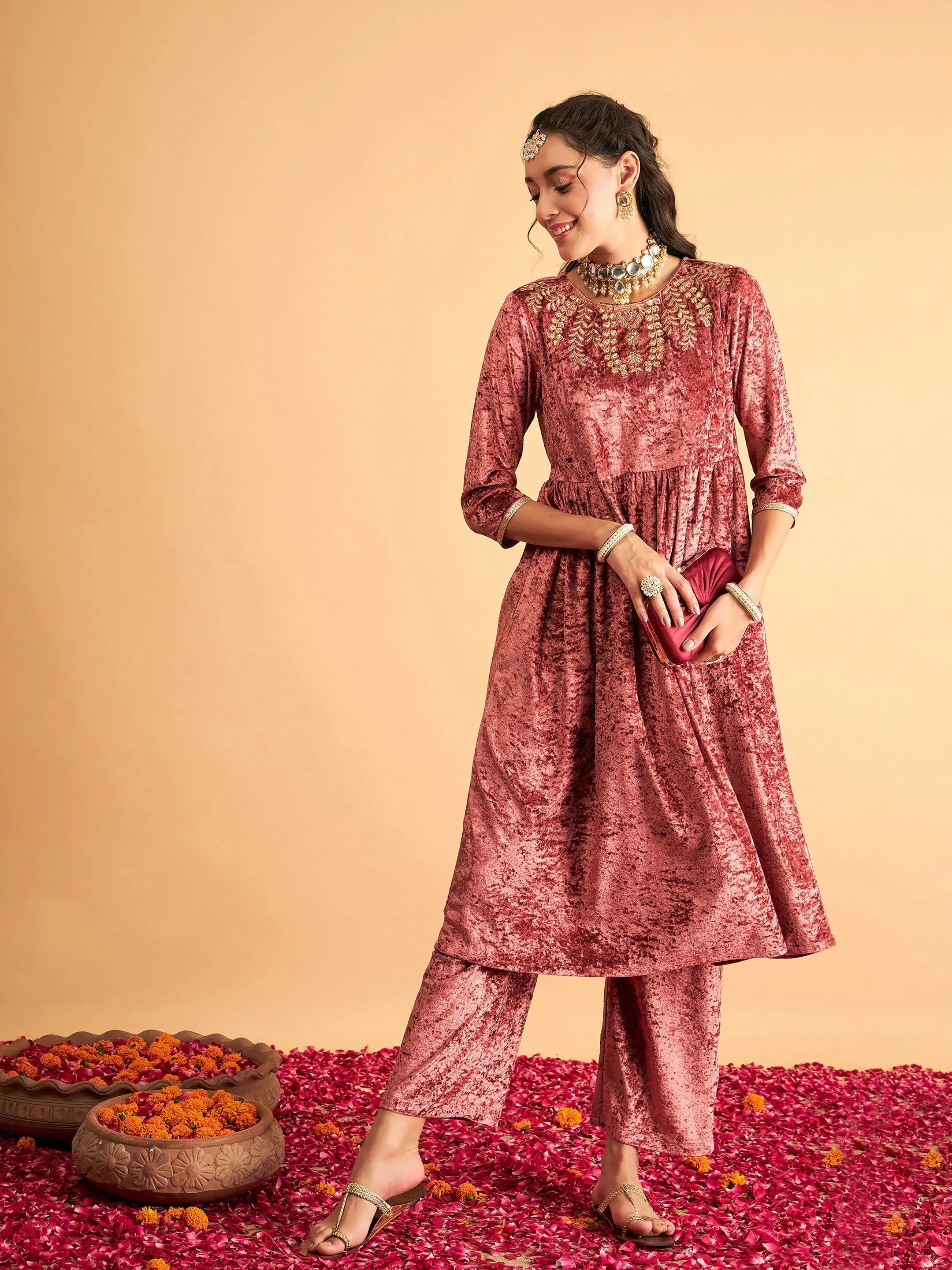 Neck Embroidered Velvet Kurta - Flared Indian Kurtis for Women