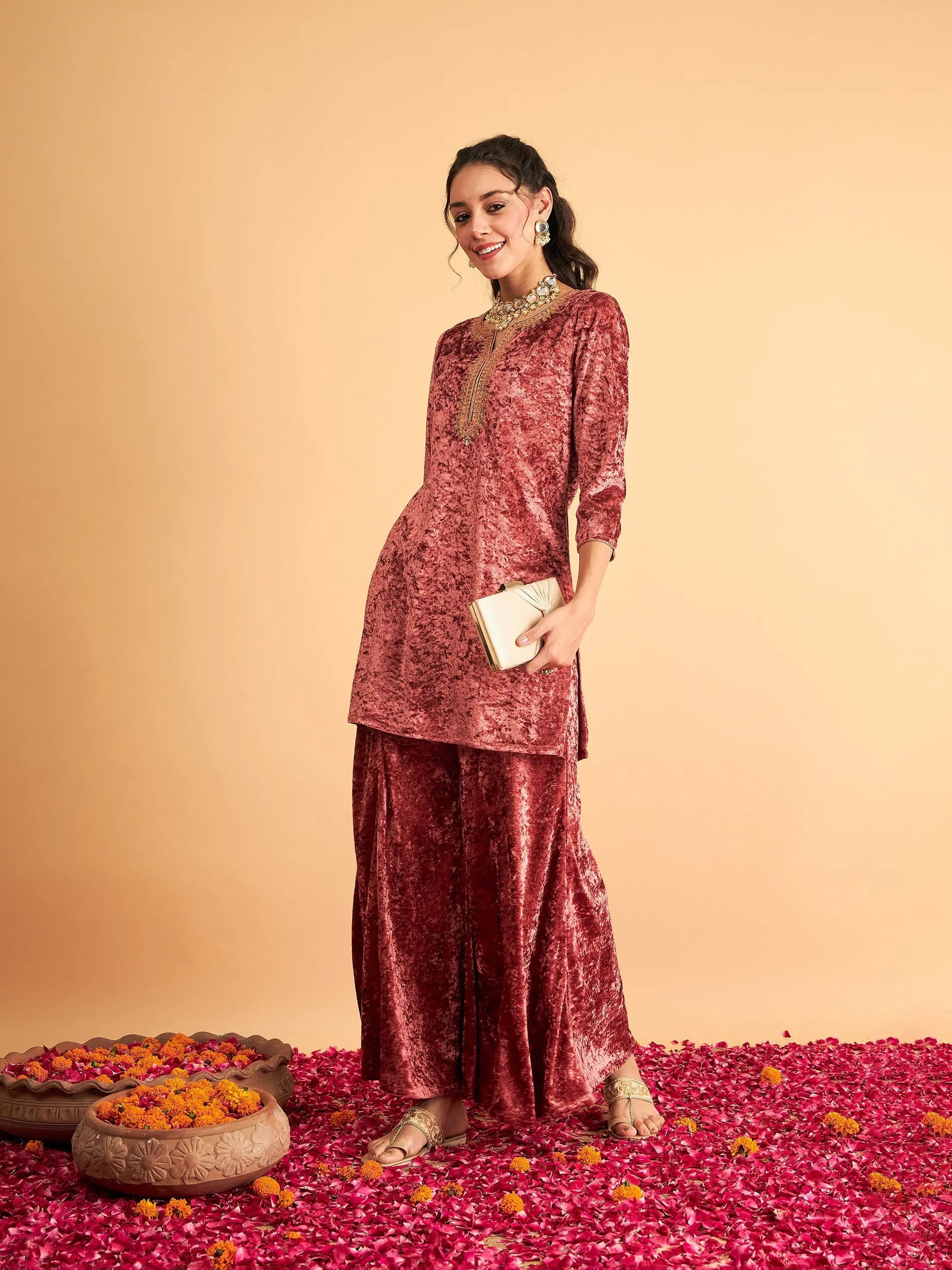 Pink Velvet Embroidered Kurta - Trendy Indian Kurta for Women