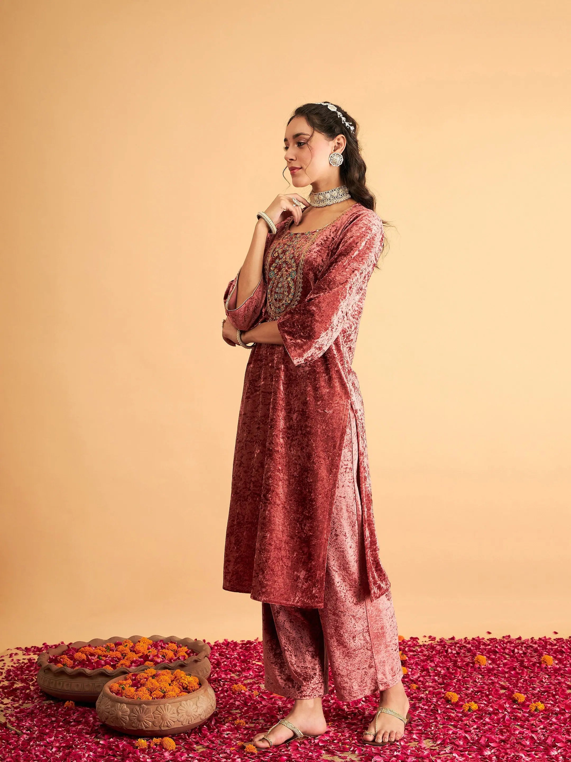 Pink Velvet Embroidered Kurta - Indian Kurtis Online Shop