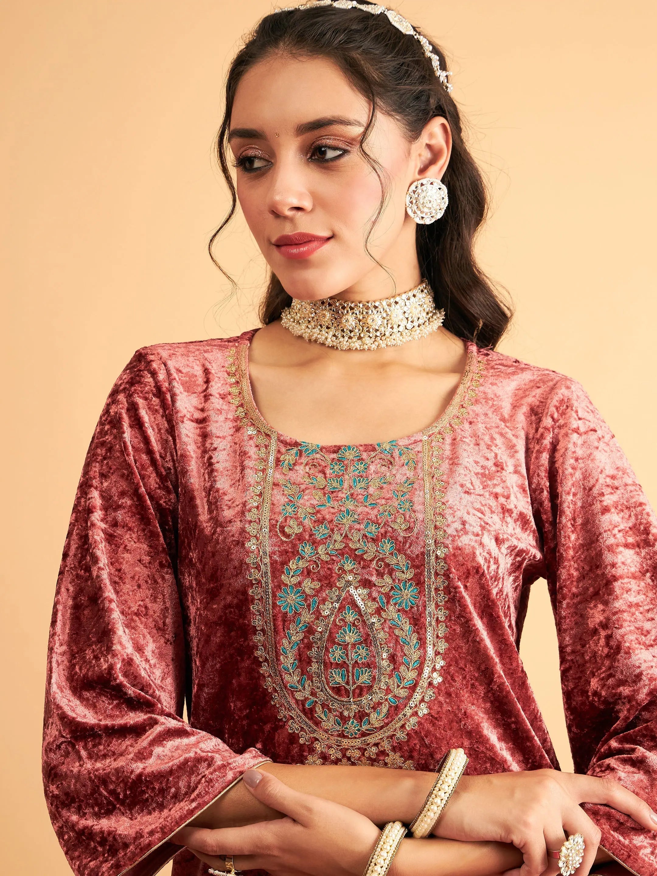 Pink Velvet Embroidered Kurta - Indian Kurtis Online Shop