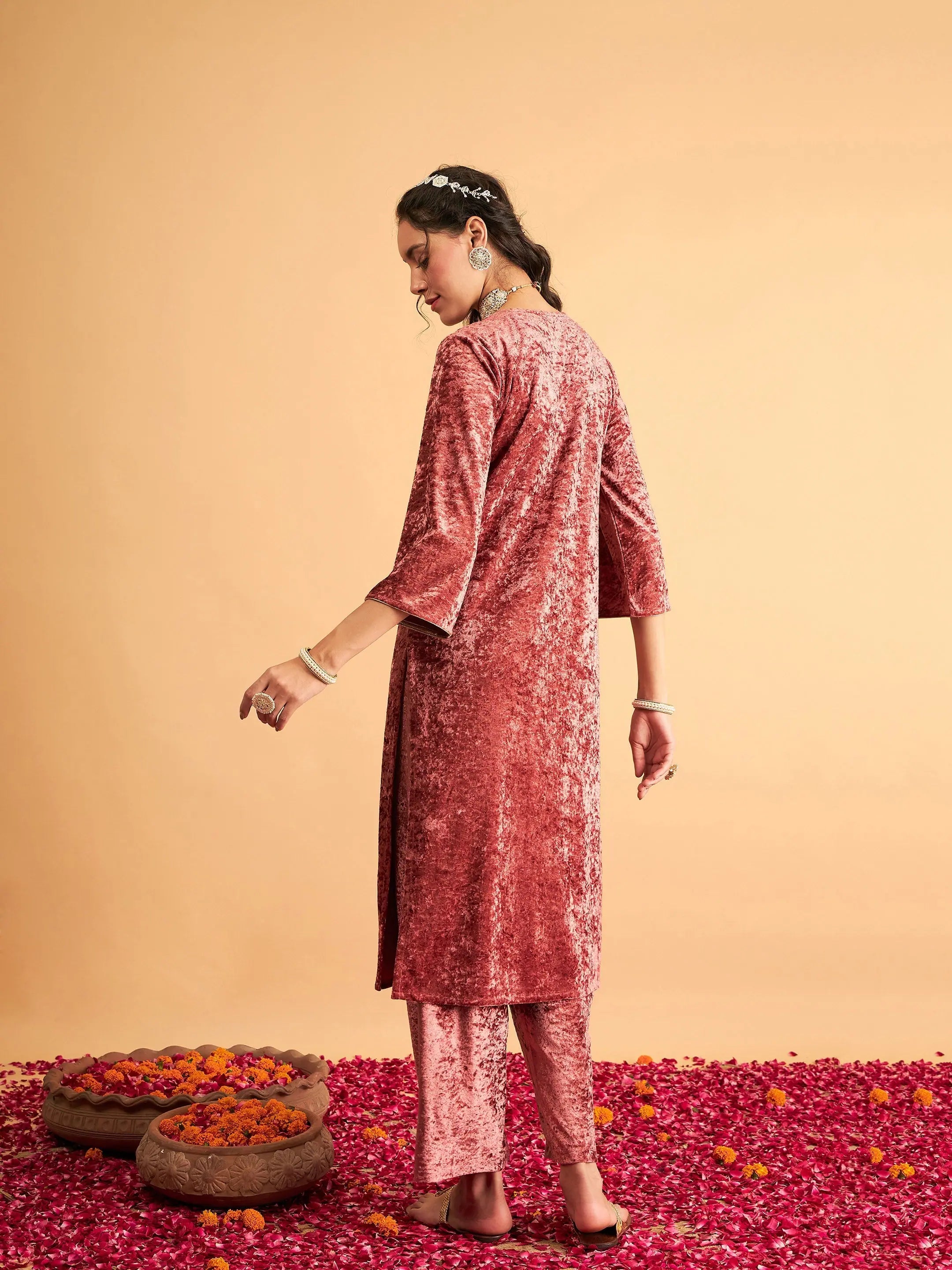 Pink Velvet Embroidered Kurta - Indian Kurtis Online Shop