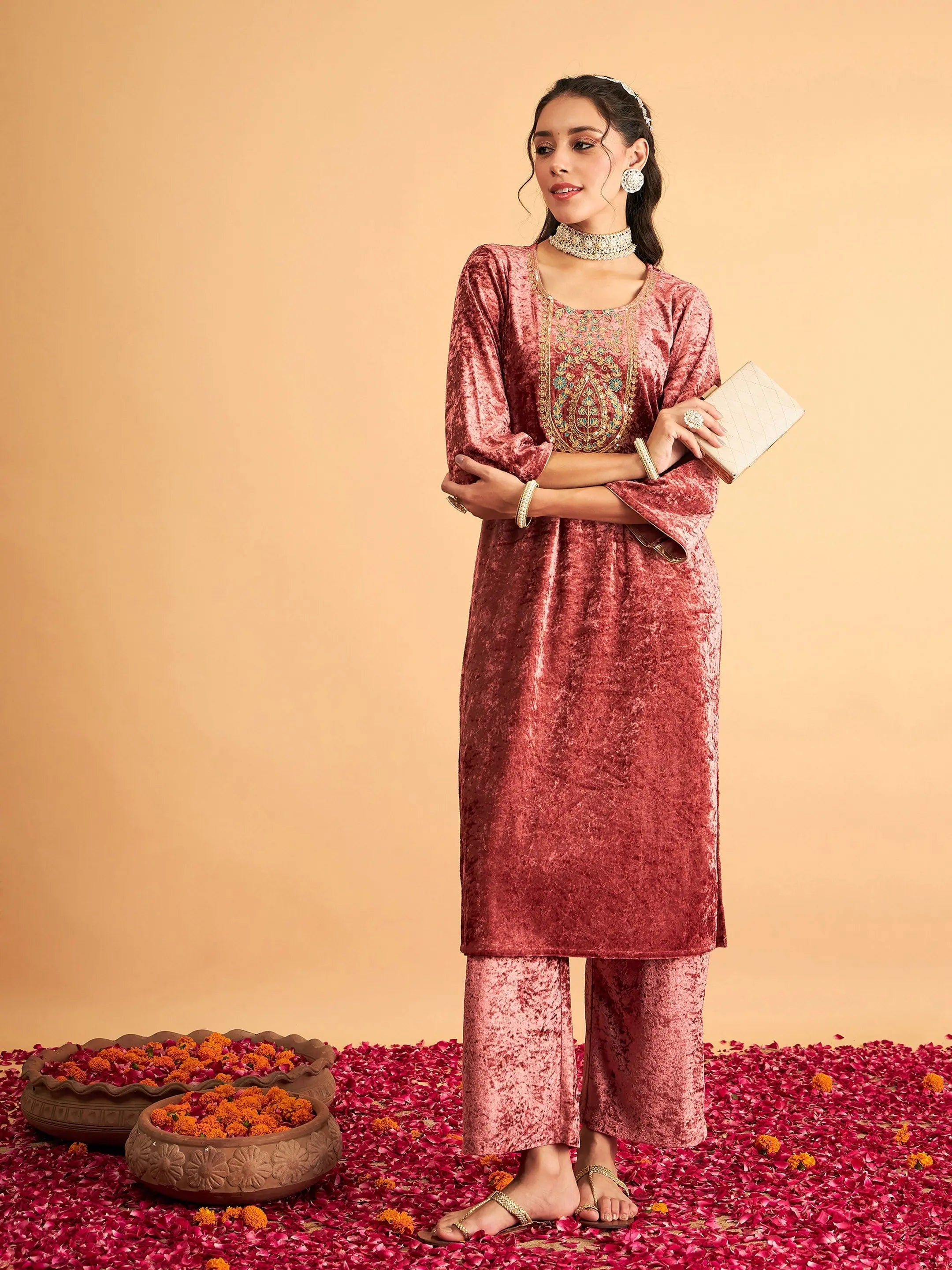 Pink Velvet Embroidered Kurta - Indian Kurtis Online Shop