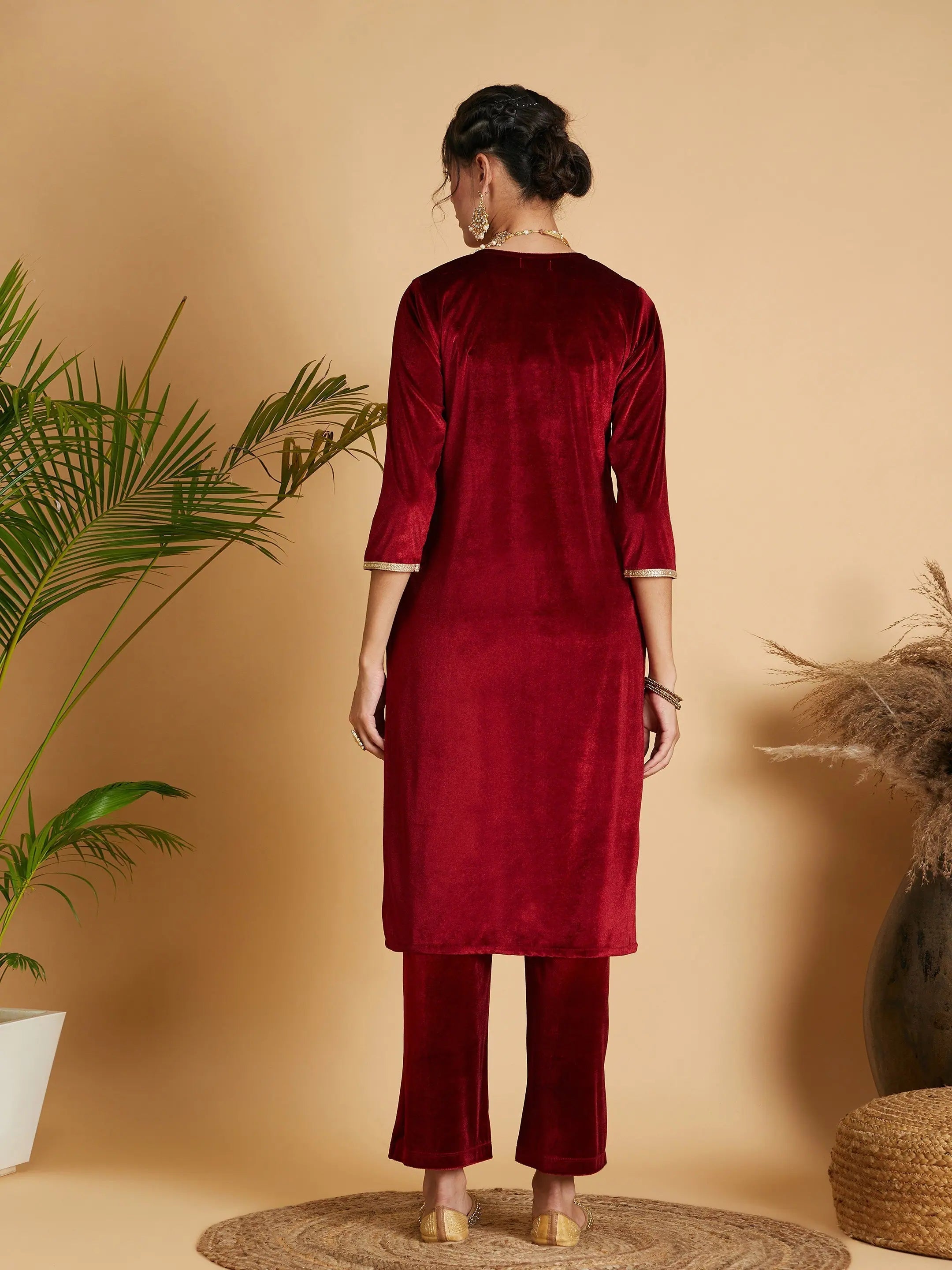 Maroon Velvet Embroidered Pocket Indian Kurta for Women