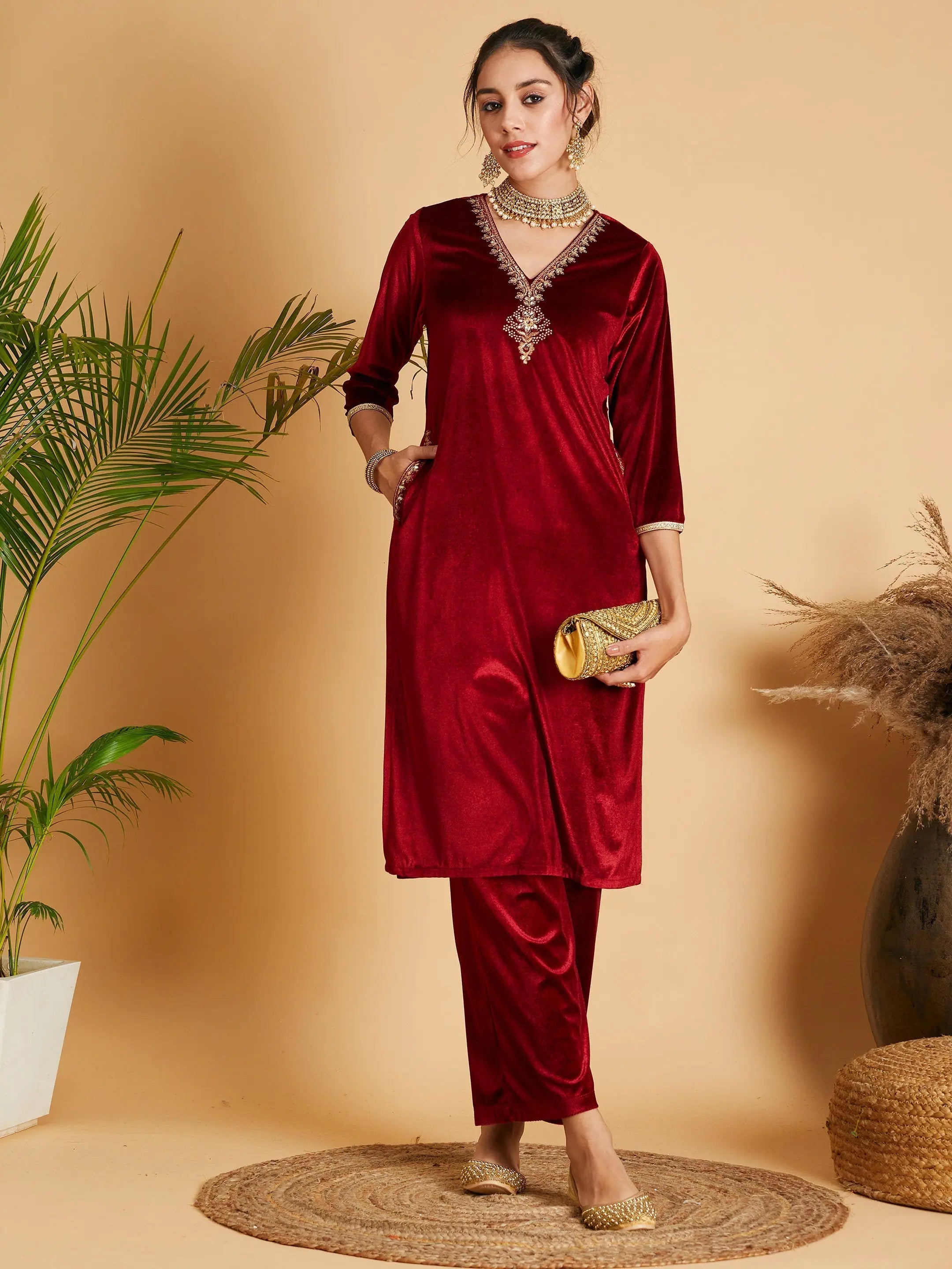 Maroon Velvet Embroidered Pocket Indian Kurta for Women