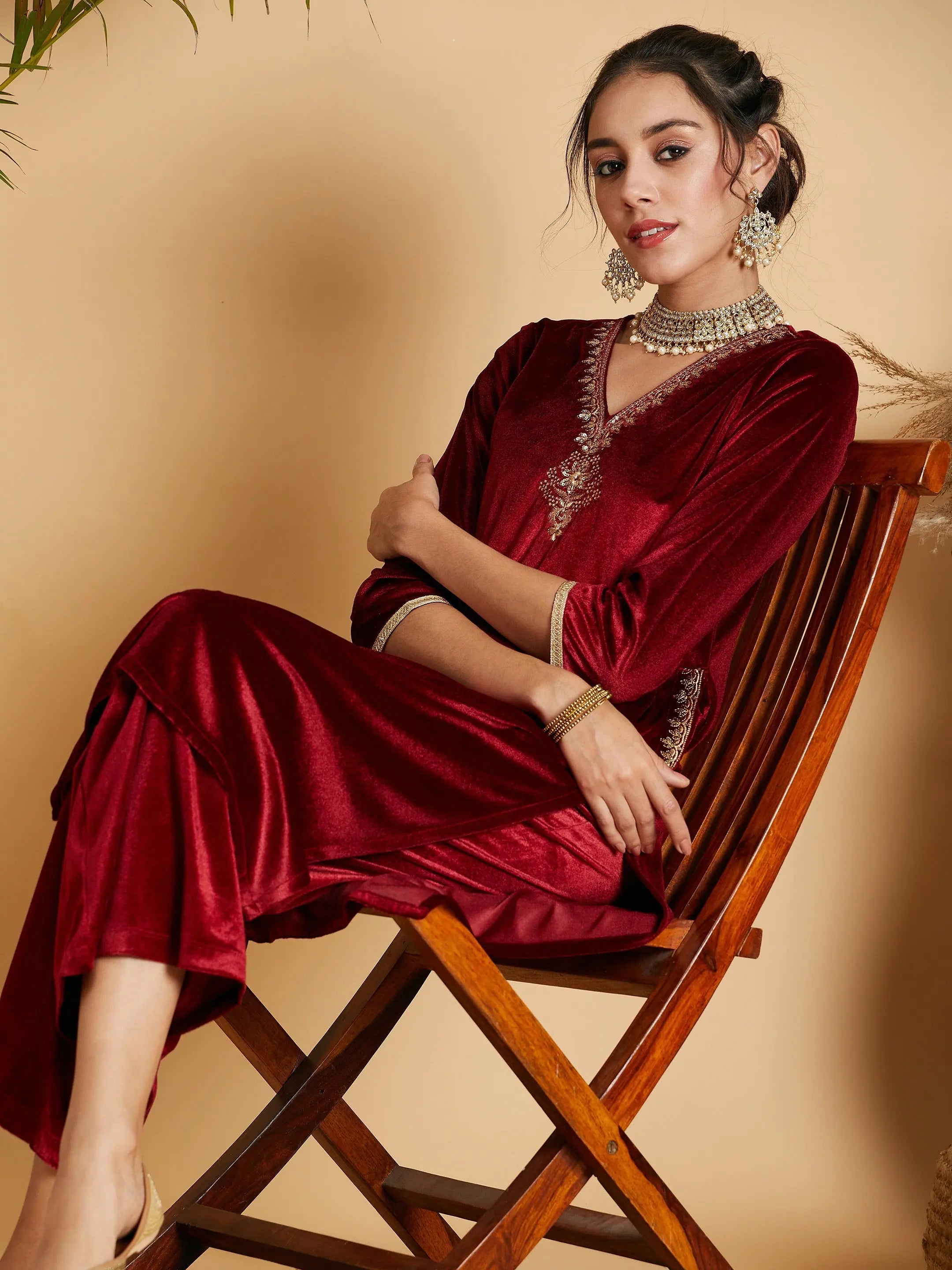 Maroon Velvet Embroidered Pocket Indian Kurta for Women