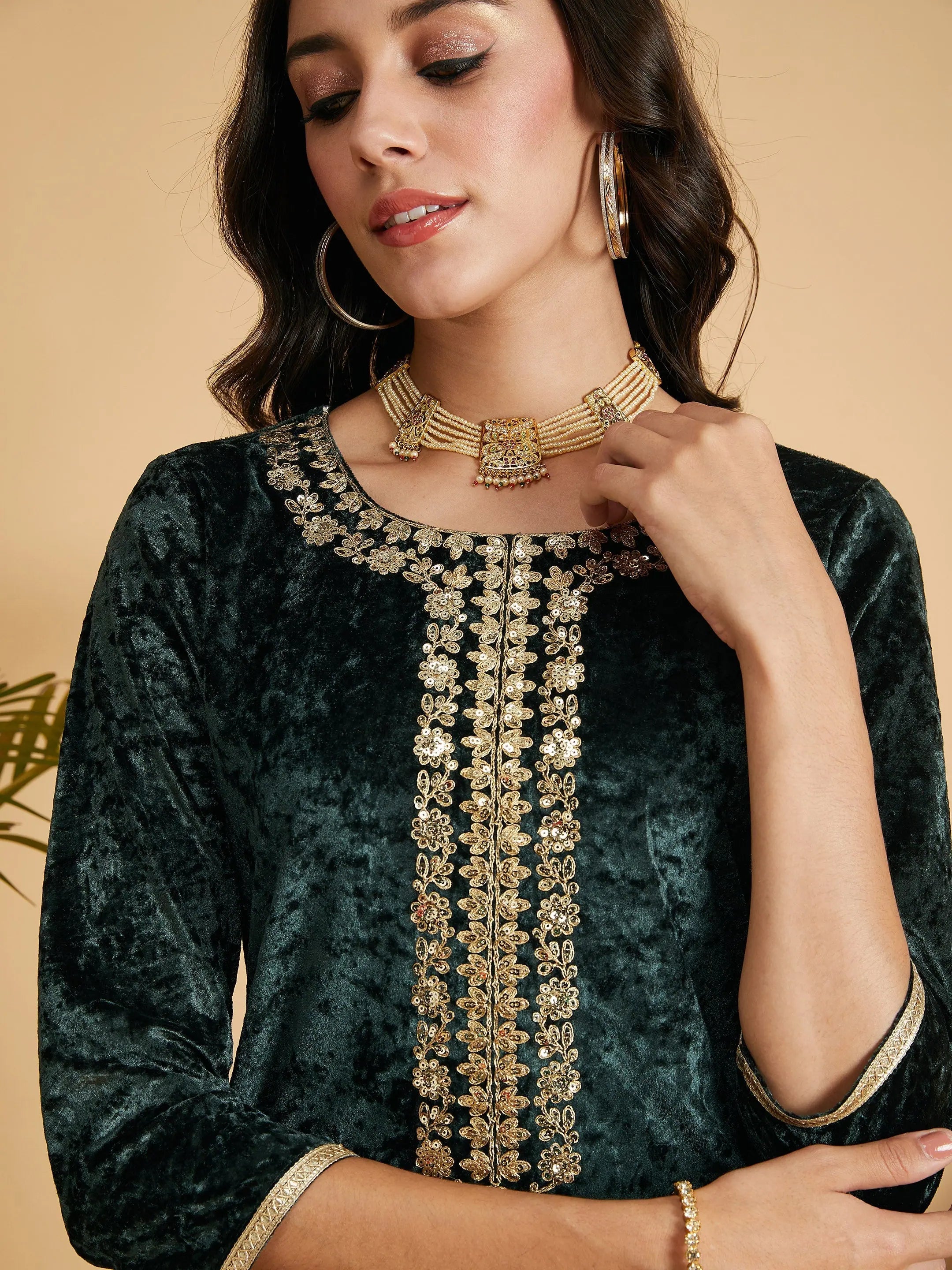 Emerald Green Embroidered Indian Kurta - Velvet Kurta