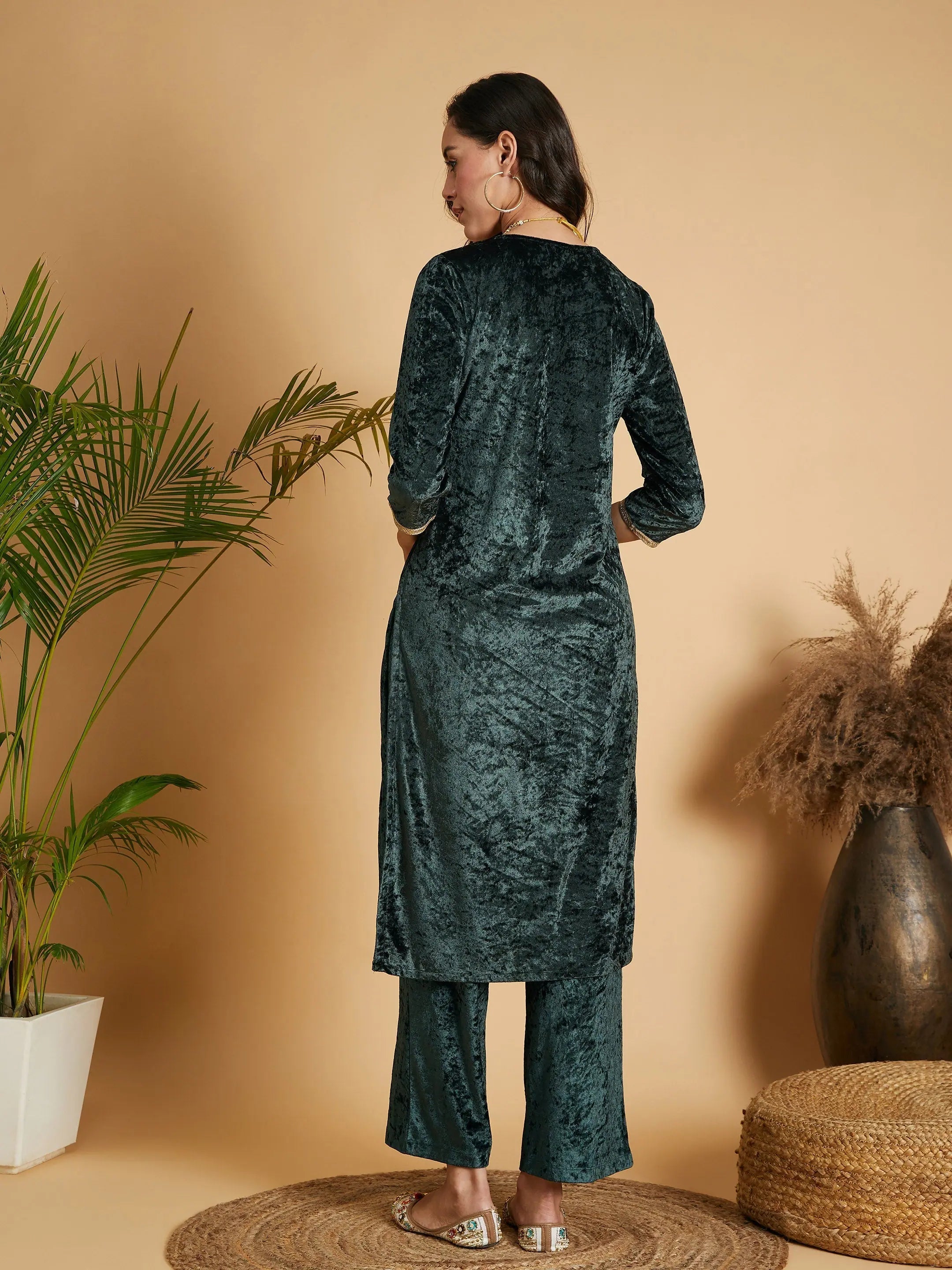 Emerald Green Embroidered Indian Kurta - Velvet Kurta