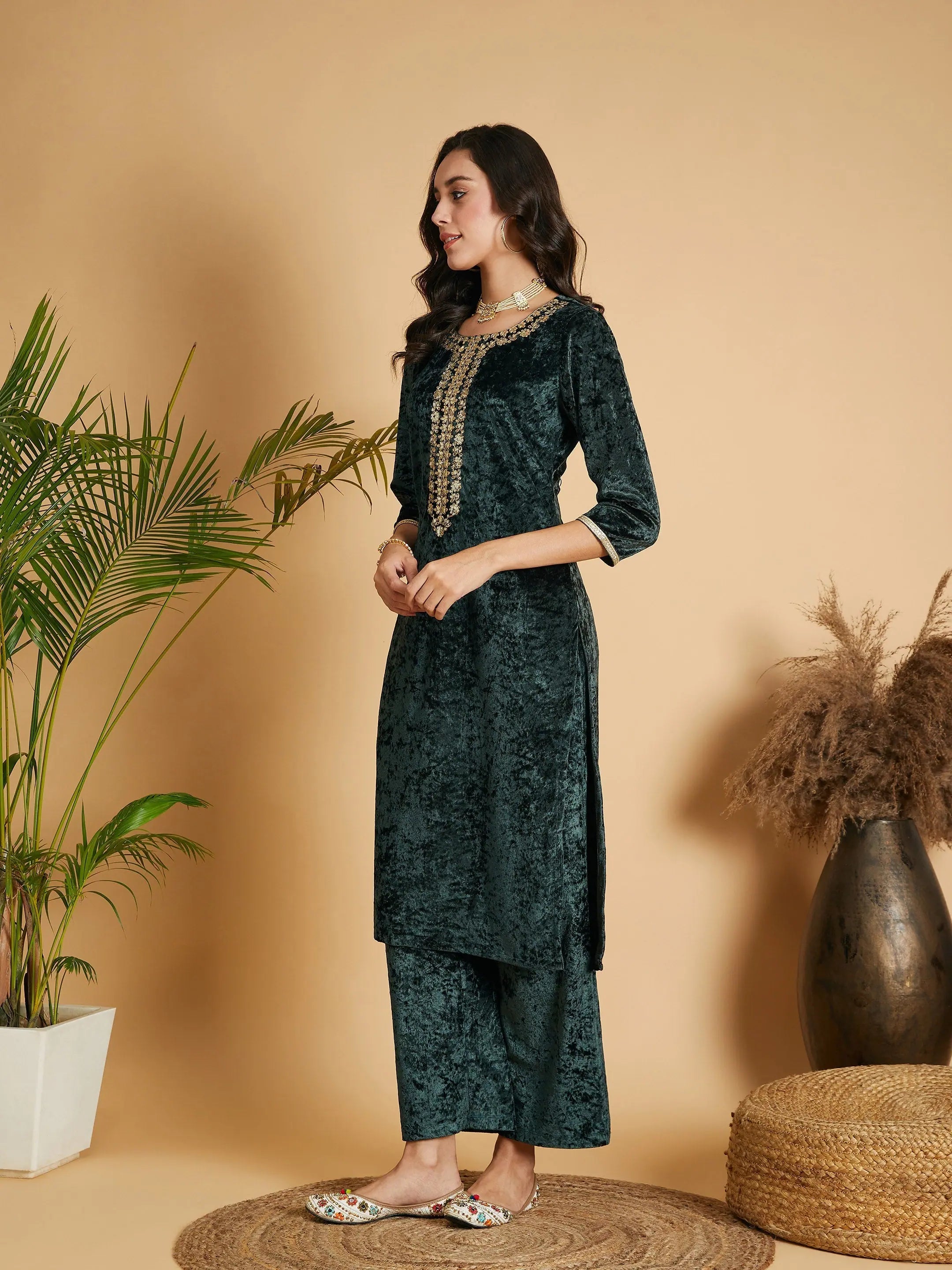 Emerald Green Embroidered Indian Kurta - Velvet Kurta