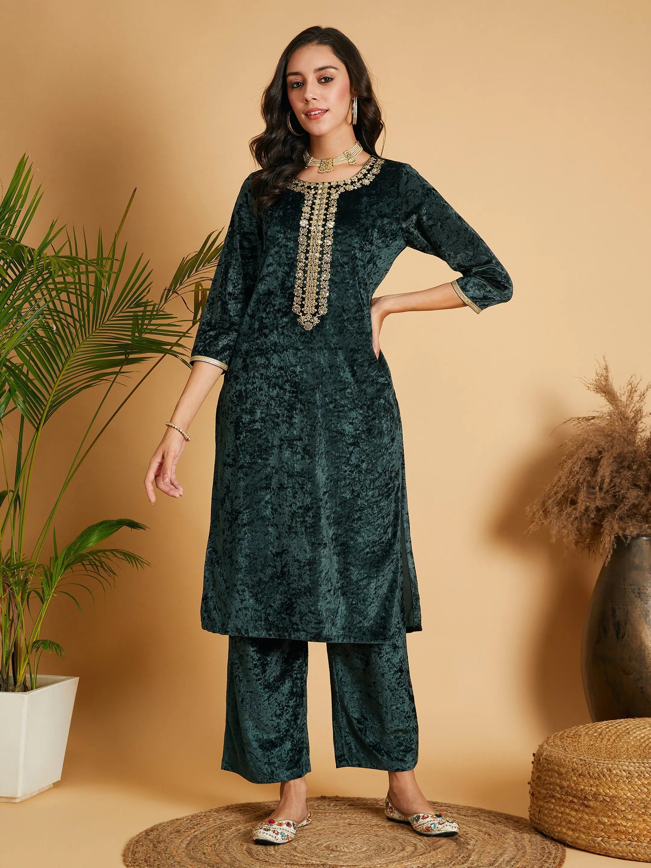 Emerald Green Embroidered Indian Kurta - Velvet Kurta