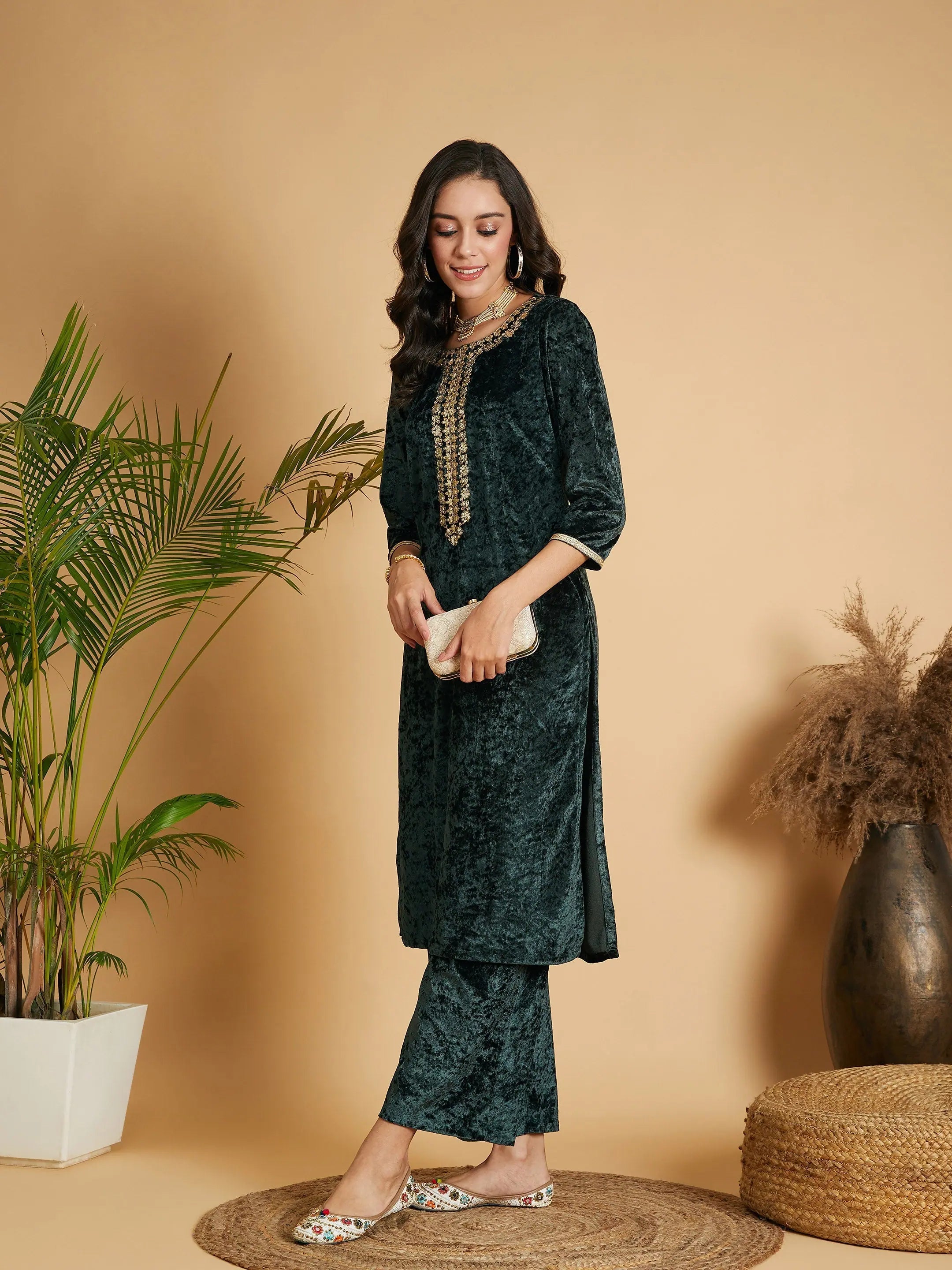 Emerald Green Embroidered Indian Kurta - Velvet Kurta