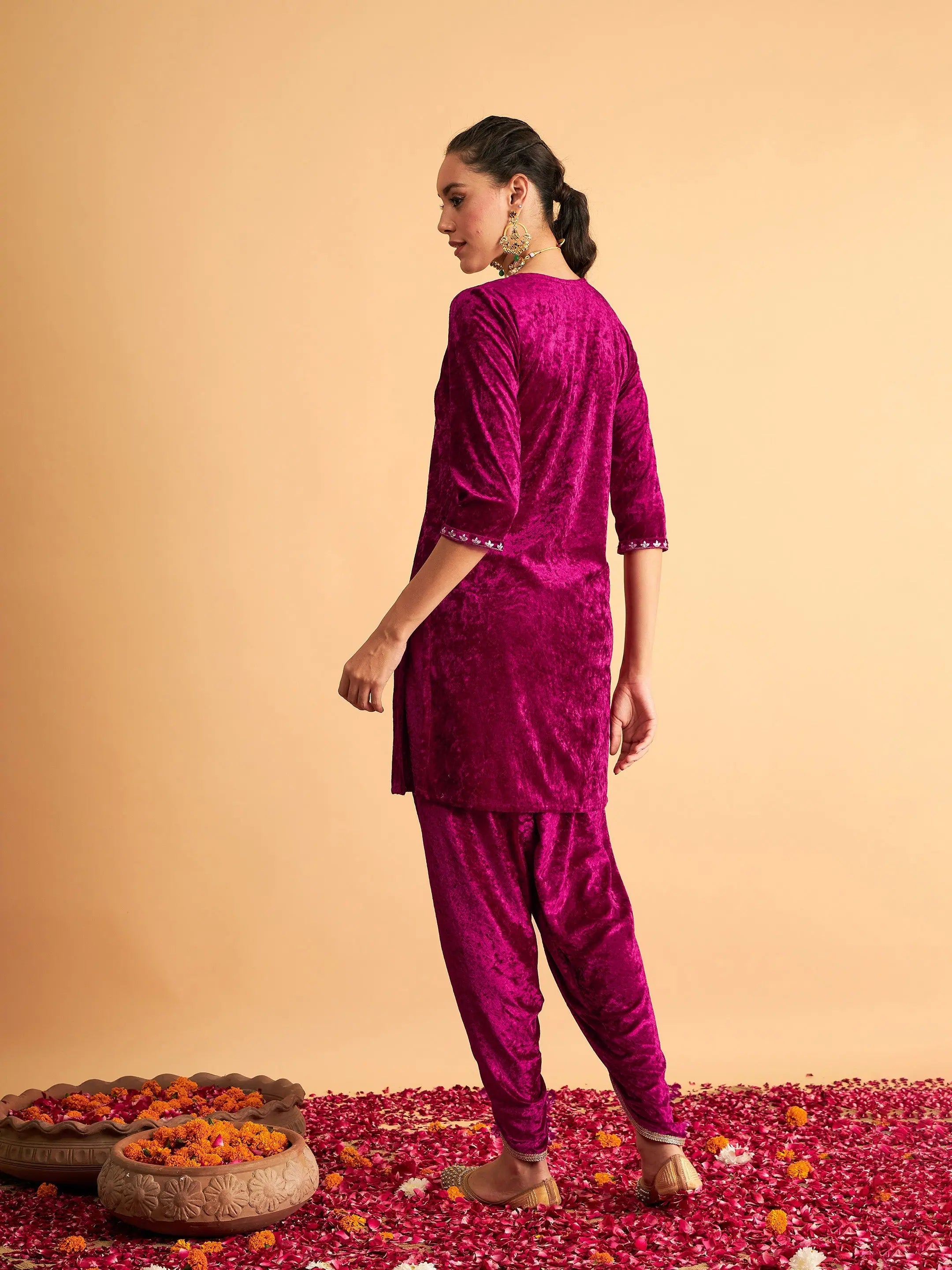 Fuchsia Velvet Embroidered Kurta - Indian Kurta for Women