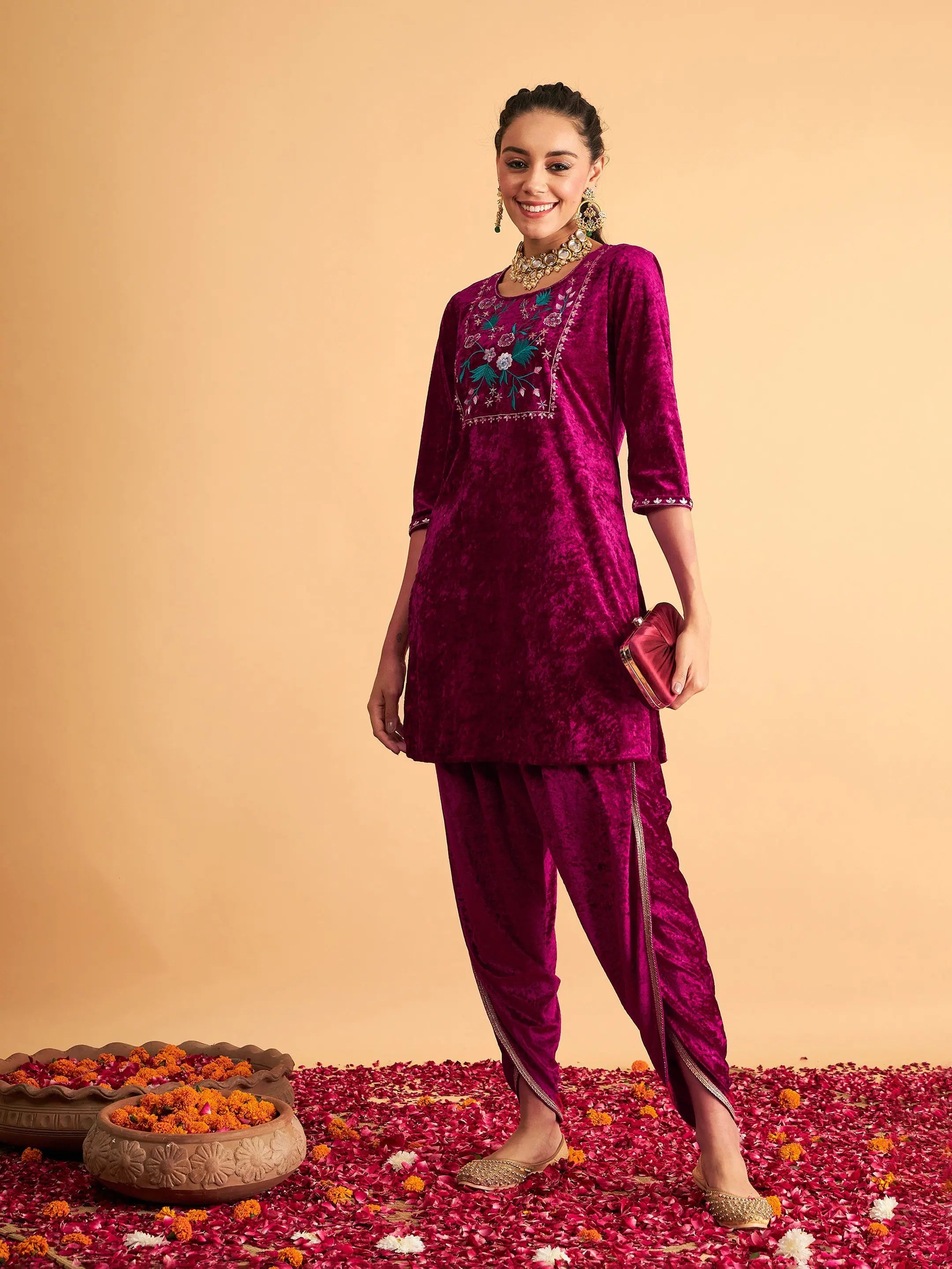 Fuchsia Velvet Embroidered Kurta - Indian Kurta for Women