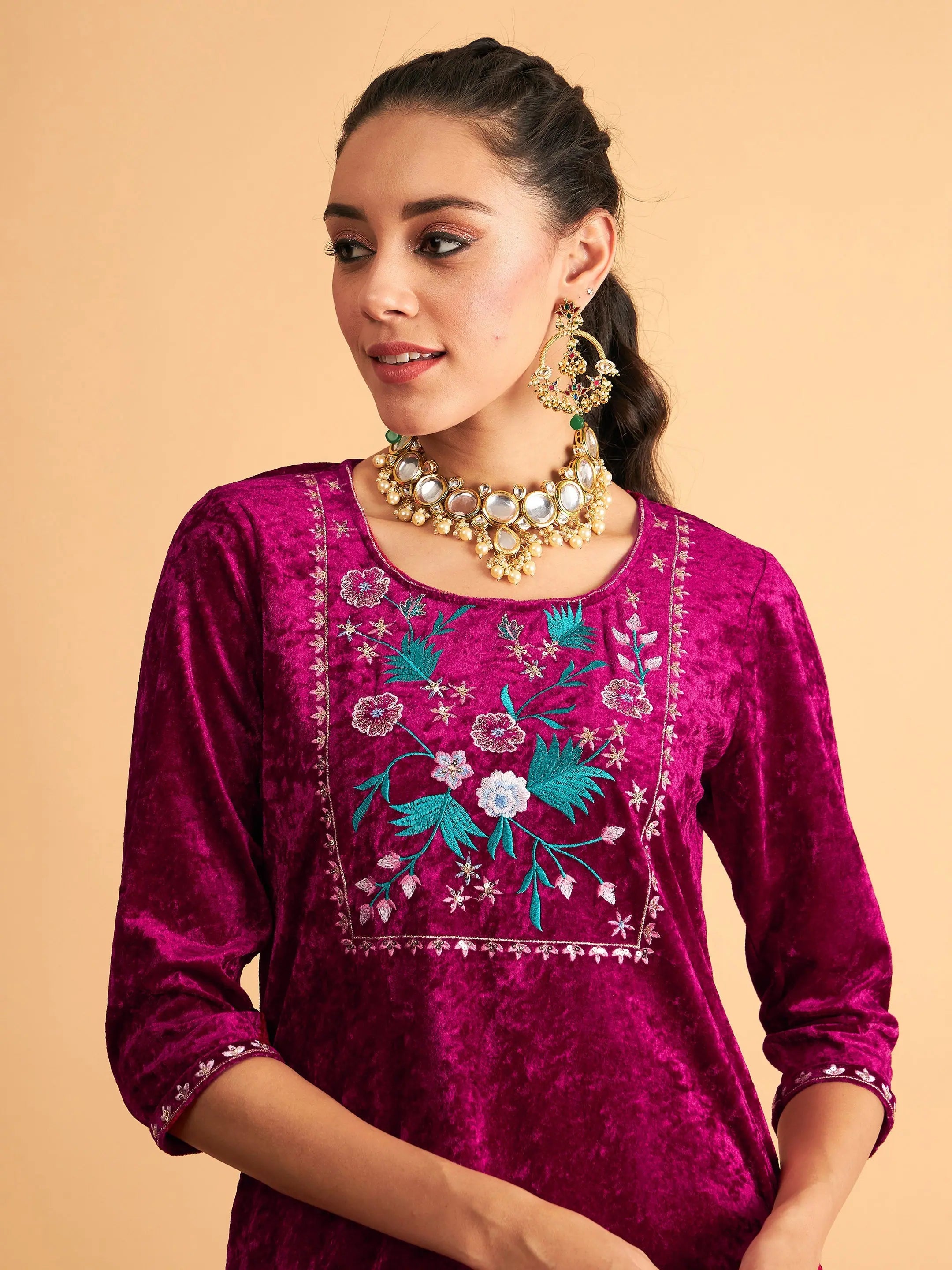 Fuchsia Velvet Embroidered Kurta - Indian Kurta for Women