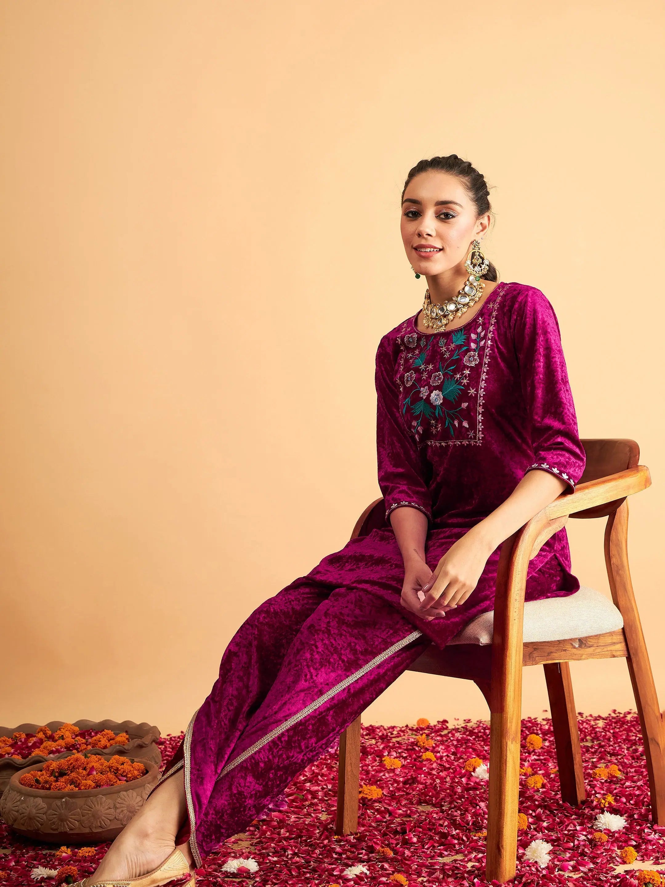 Fuchsia Velvet Embroidered Kurta - Indian Kurta for Women