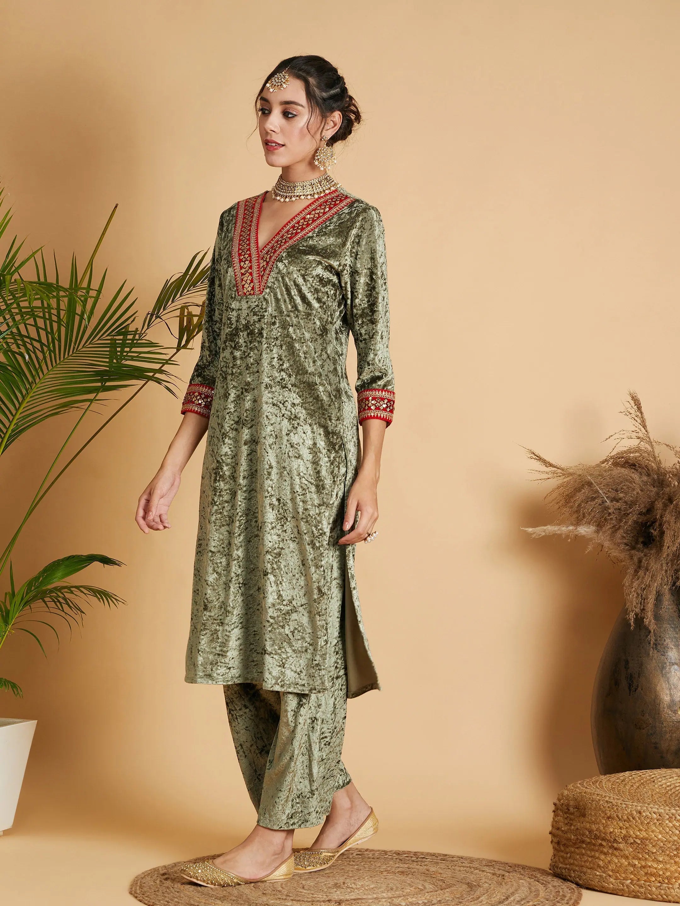 Olive Velvet Straight Kurta - Elegant Indian Kurtas for Women