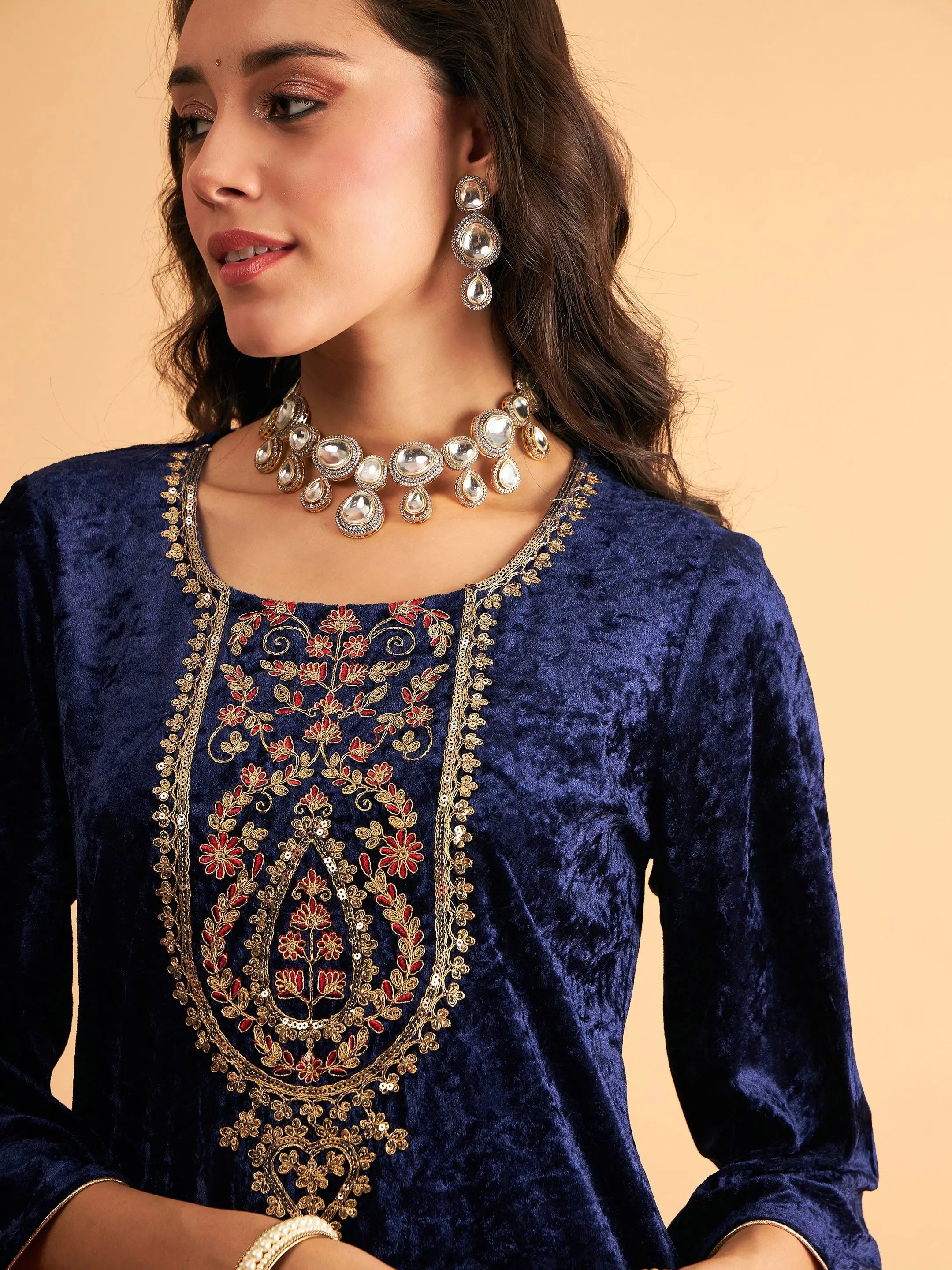 Navy Velvet Indian Kurta Ladies- Embroidered Kurta Online