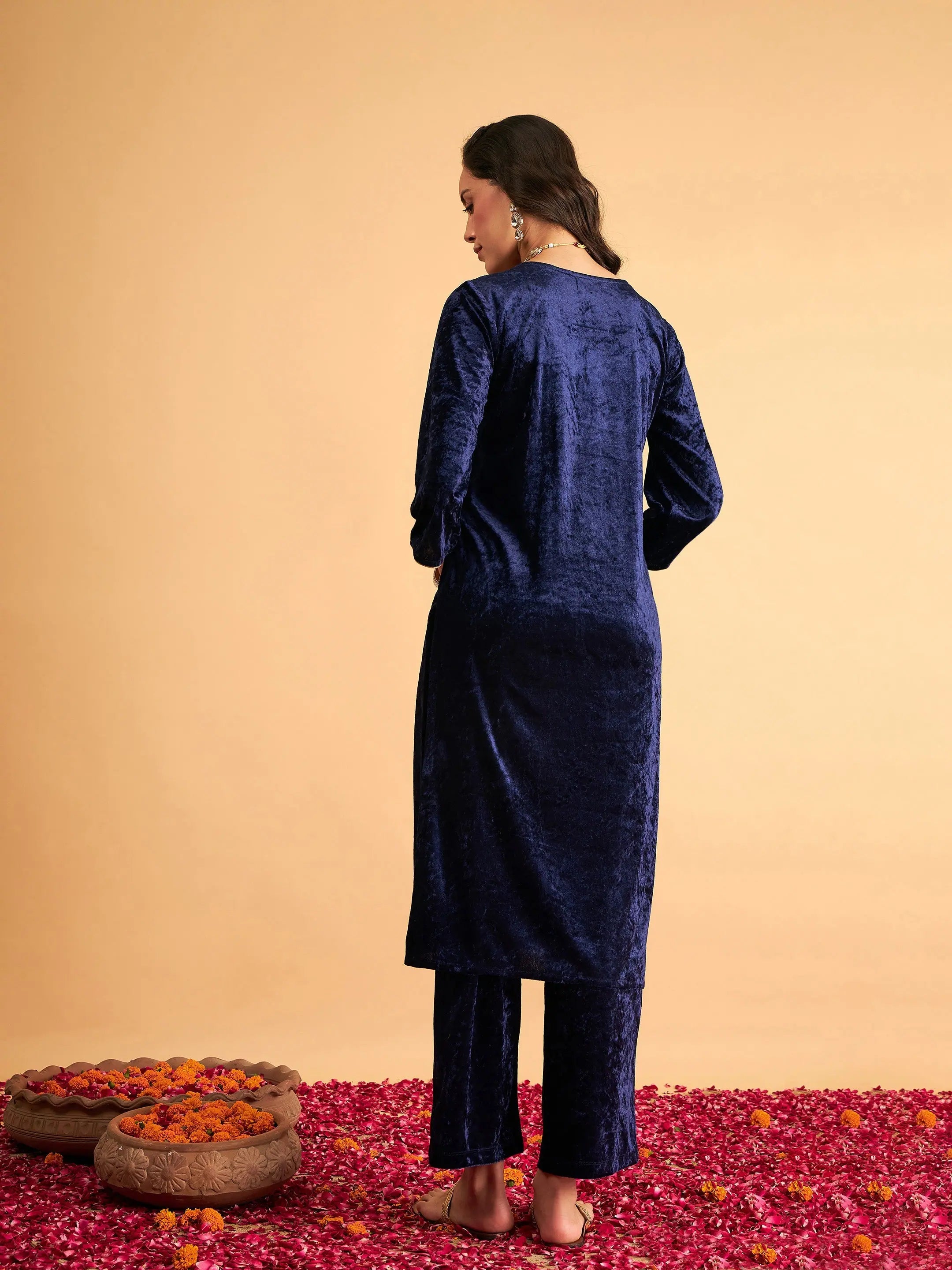Navy Velvet Indian Kurta Ladies- Embroidered Kurta Online