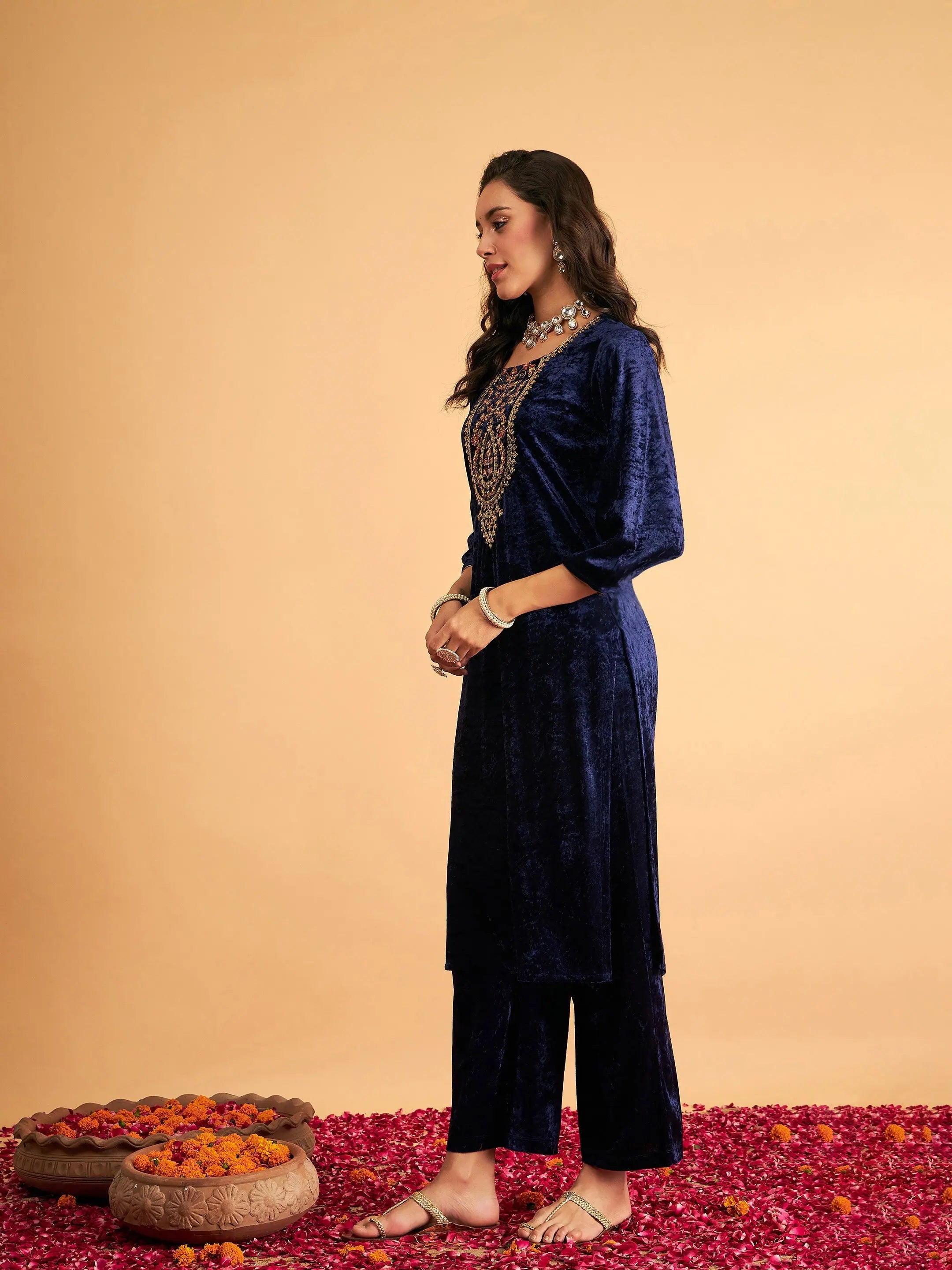 Navy Velvet Indian Kurta Ladies- Embroidered Kurta Online