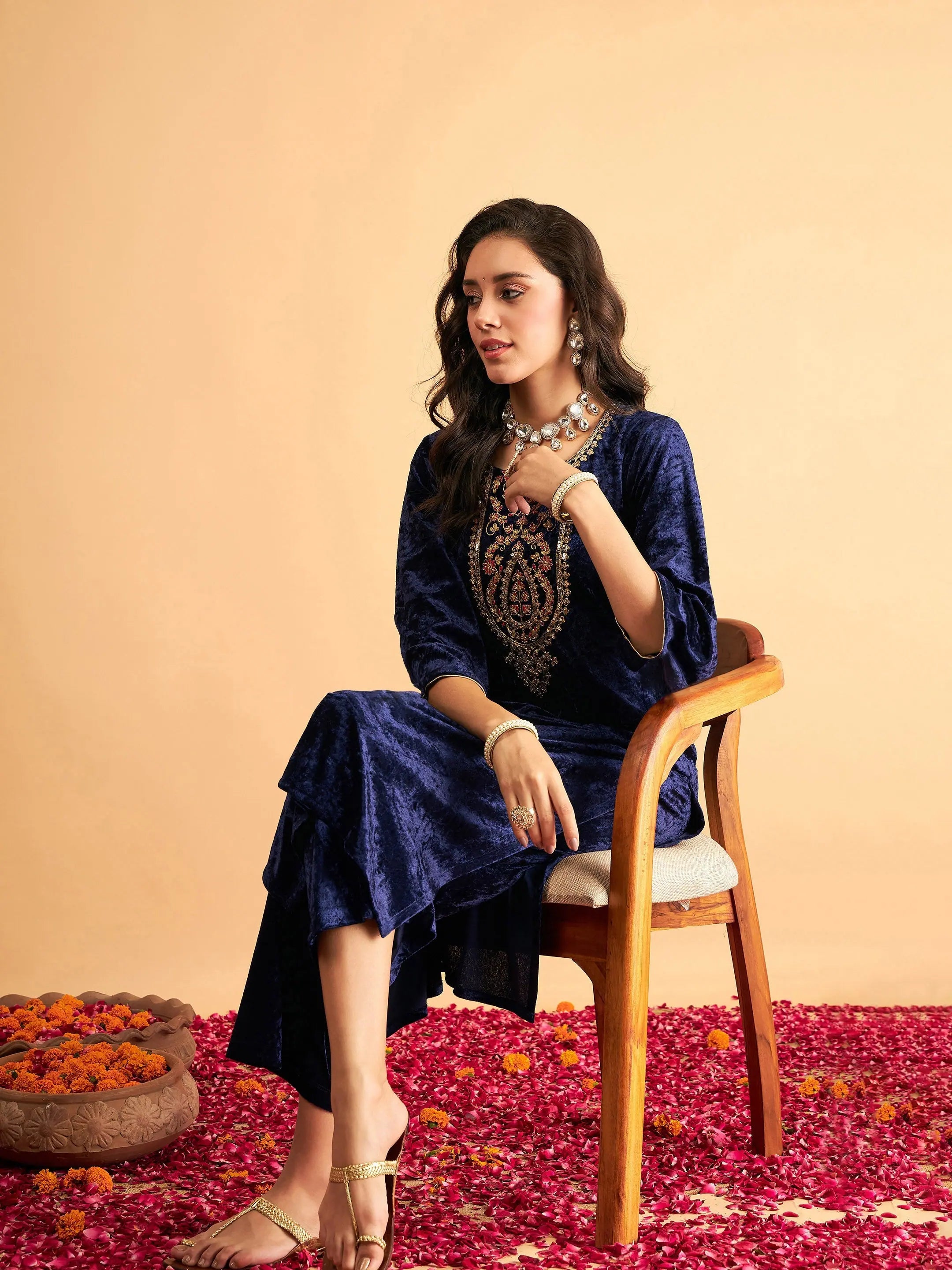 Navy Velvet Indian Kurta Ladies- Embroidered Kurta Online