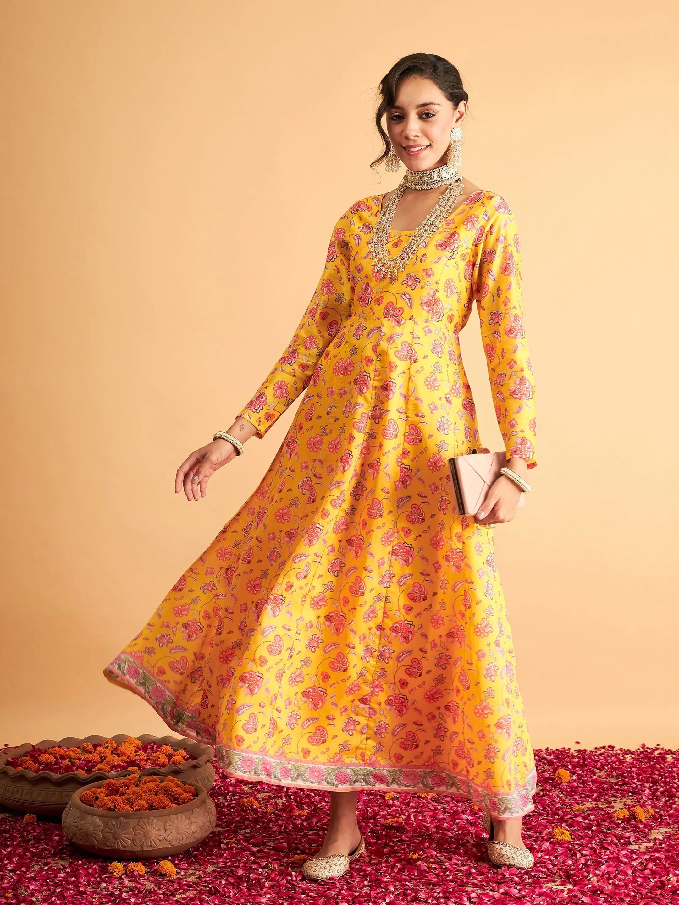 Yellow Floral Anarkali Maxi Dress | Traditional Indian Lehenga