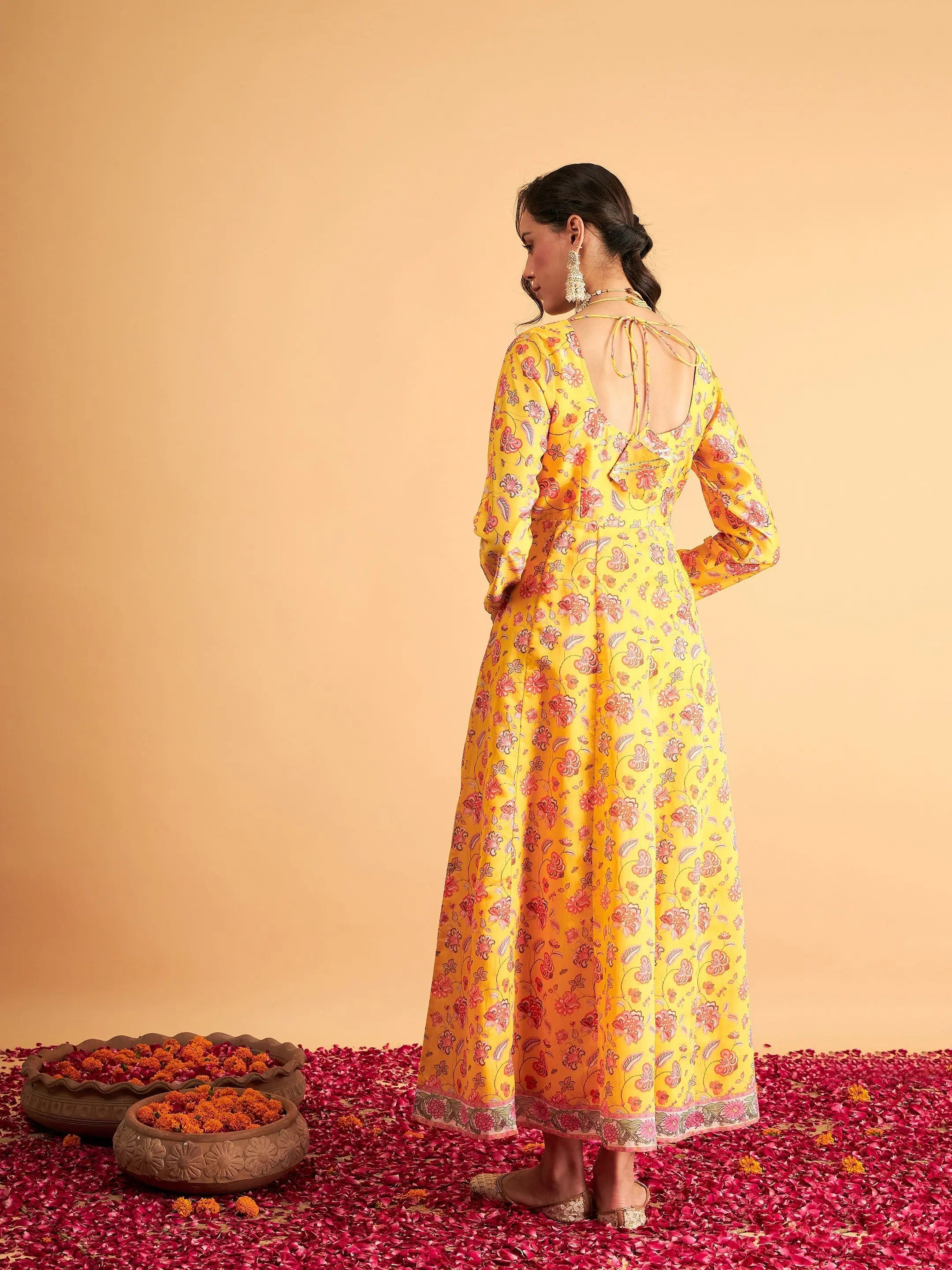 Yellow Floral Anarkali Maxi Dress | Traditional Indian Lehenga