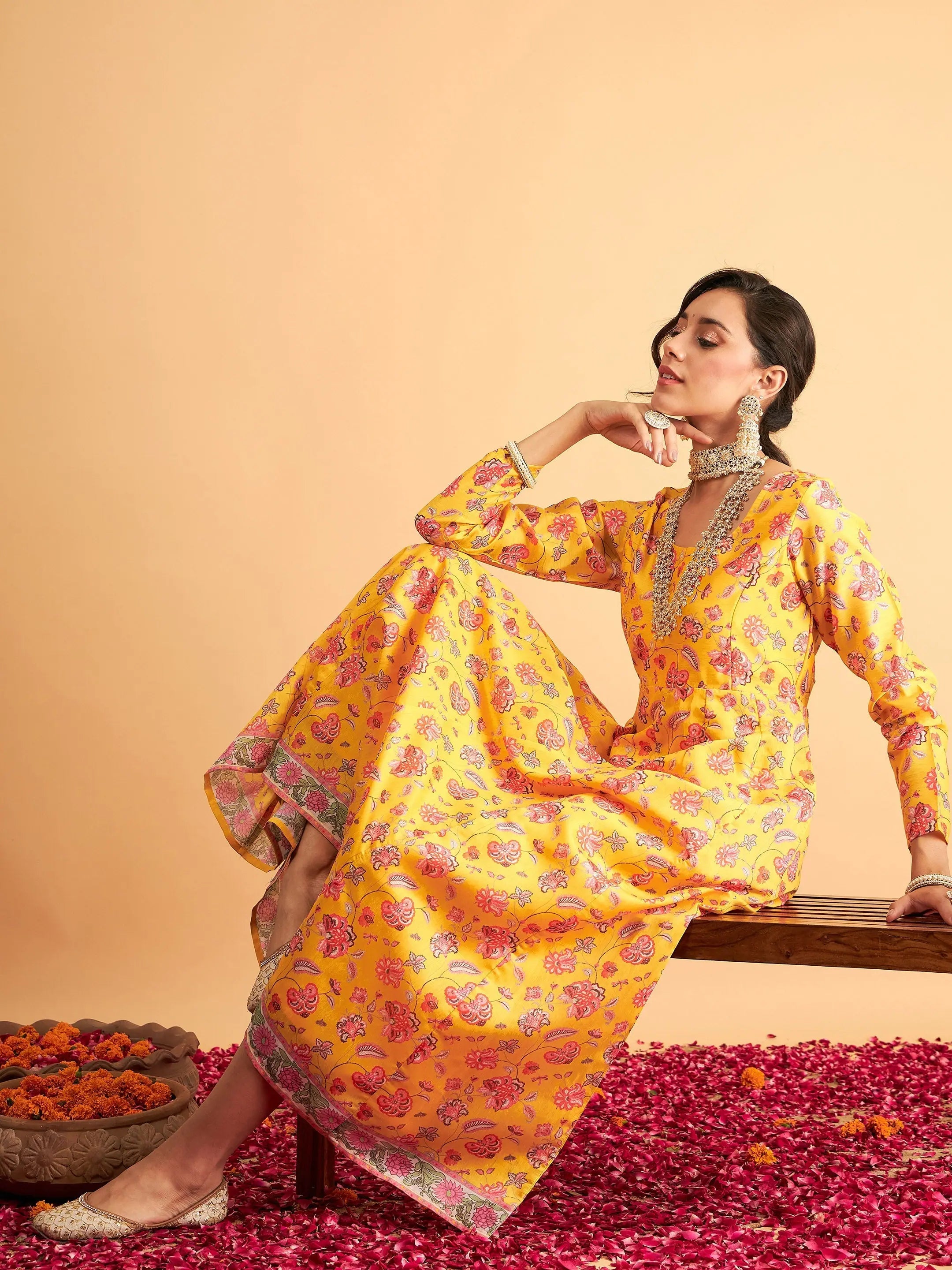 Yellow Floral Anarkali Maxi Dress | Traditional Indian Lehenga
