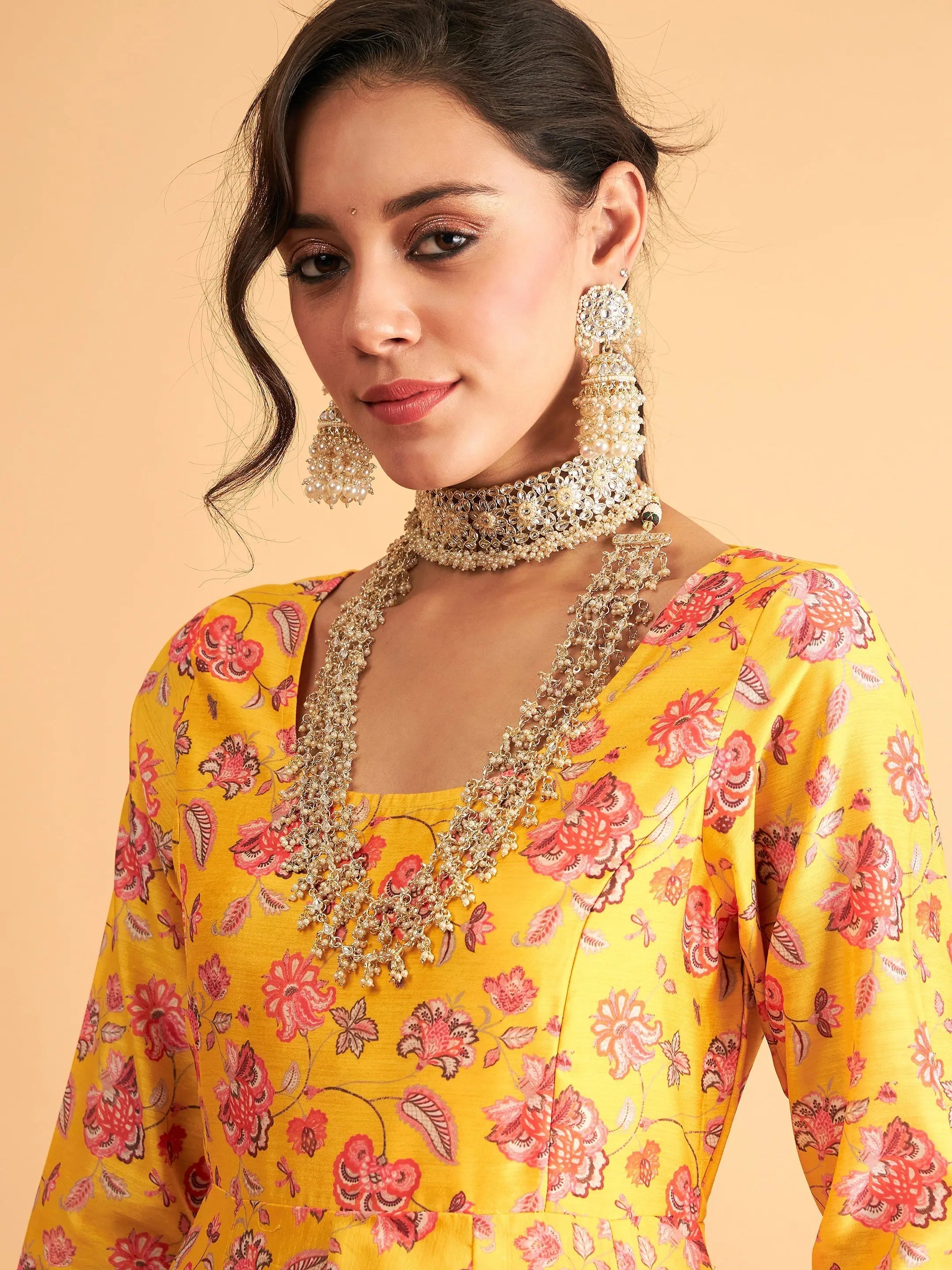Yellow Floral Anarkali Maxi Dress | Traditional Indian Lehenga