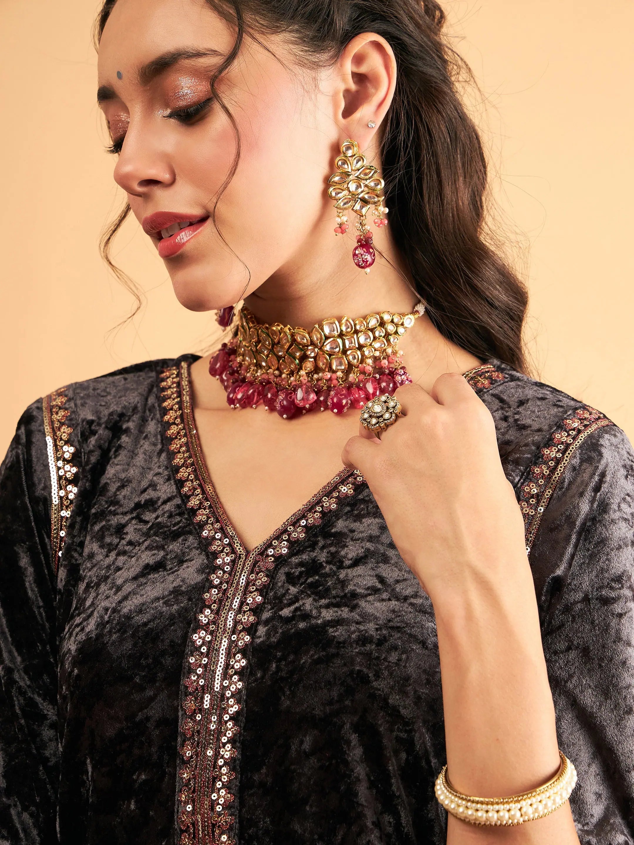 Grey Velvet Embroidered Kurta - Trendy Indian Kurta Design