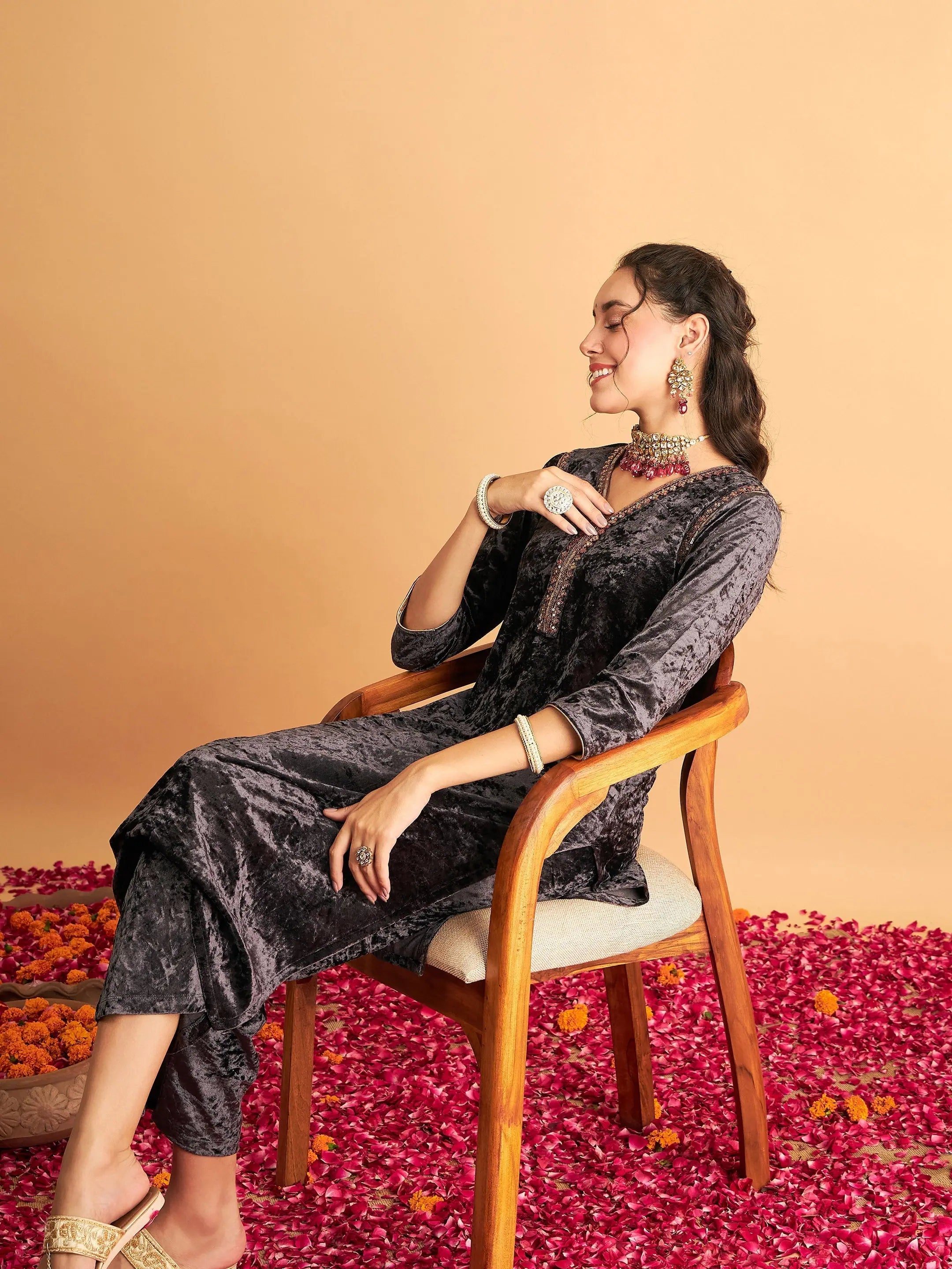 Grey Velvet Embroidered Kurta - Trendy Indian Kurta Design