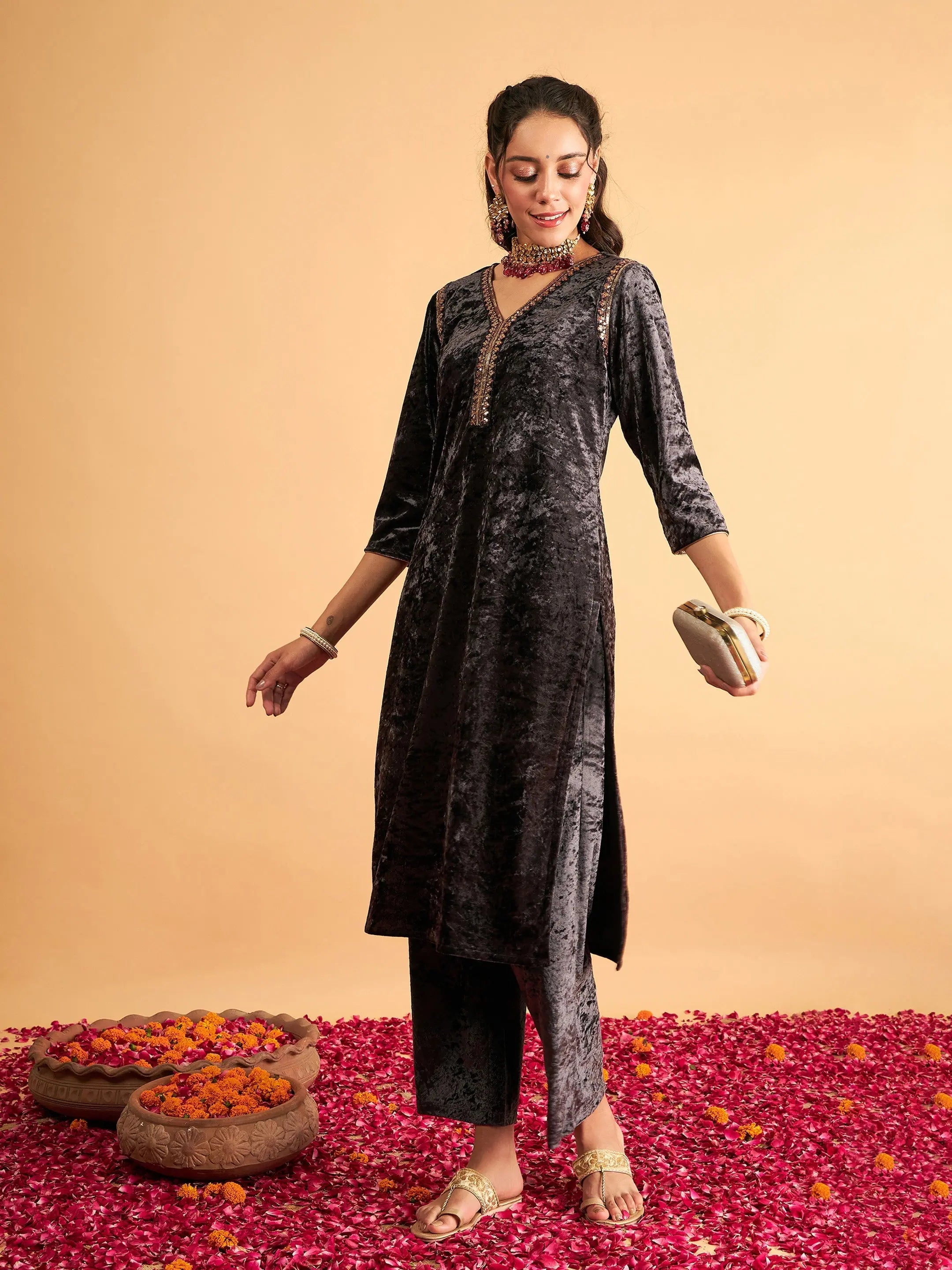 Grey Velvet Embroidered Kurta - Trendy Indian Kurta Design