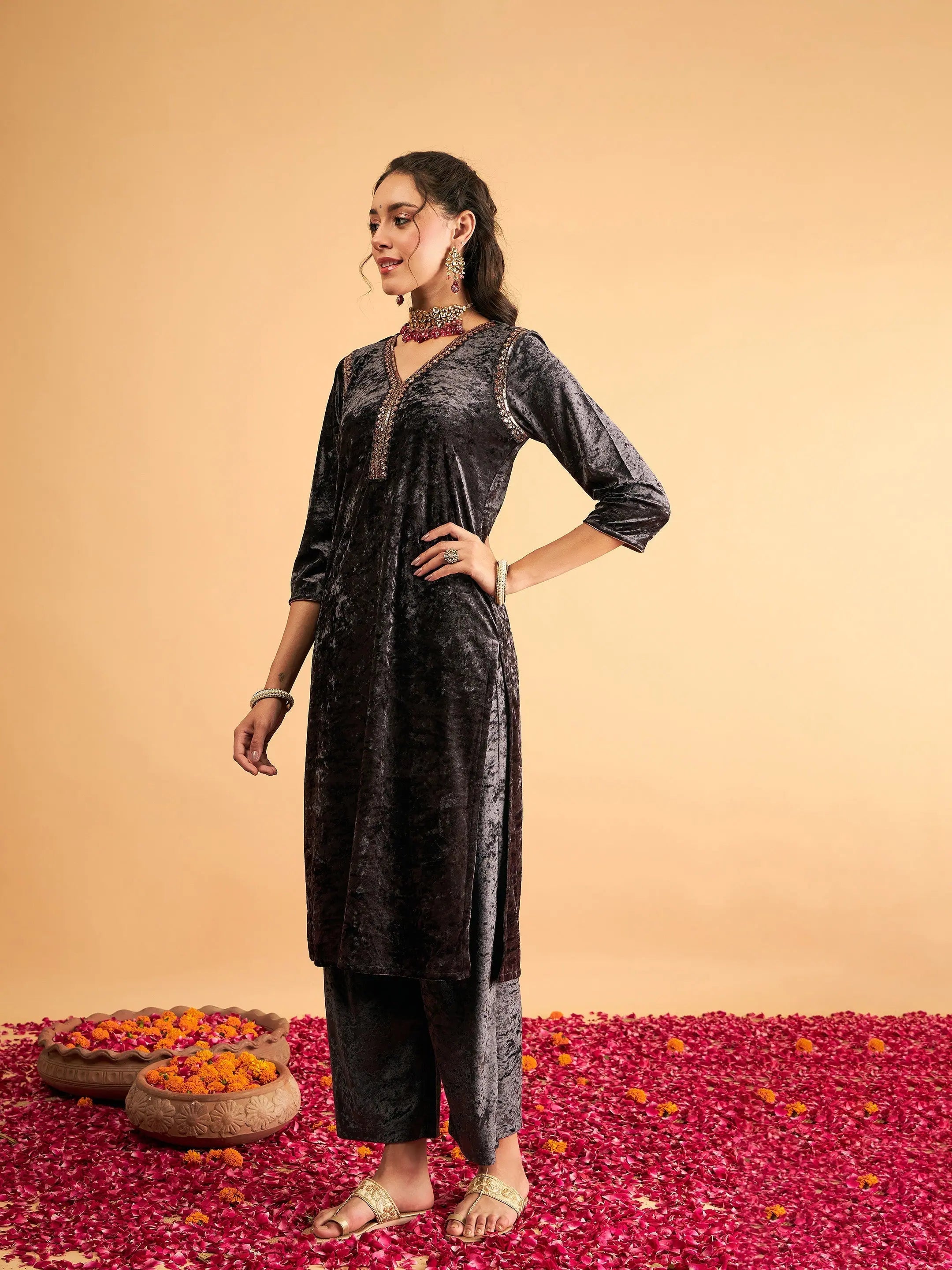 Grey Velvet Embroidered Kurta - Trendy Indian Kurta Design