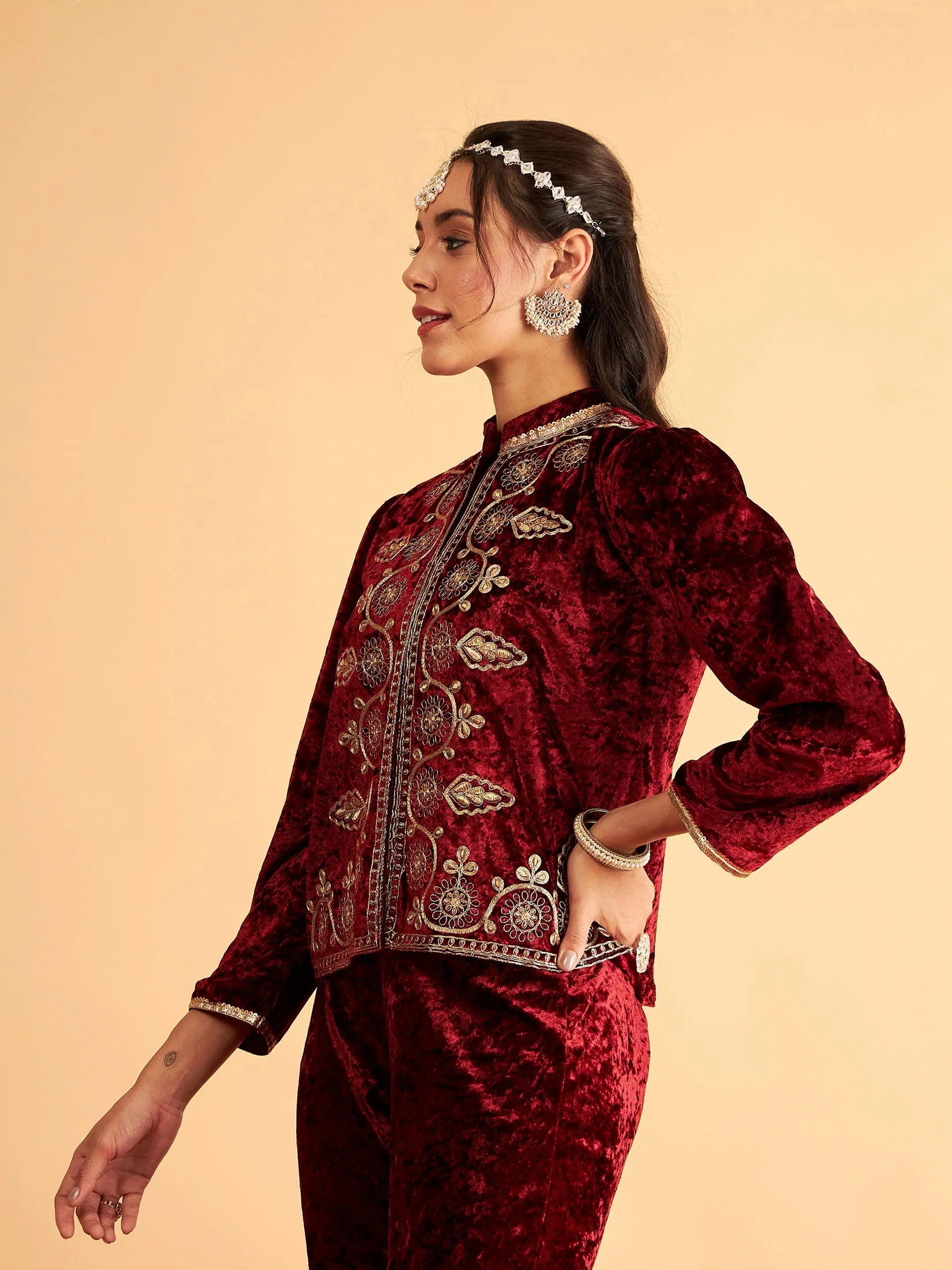 Women's Maroon Embroidered Velvet Jacket | Stylish Outerwear