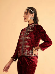 Women Embroidered Standard Maroon Collared Neck Full Sleeve Jacket
