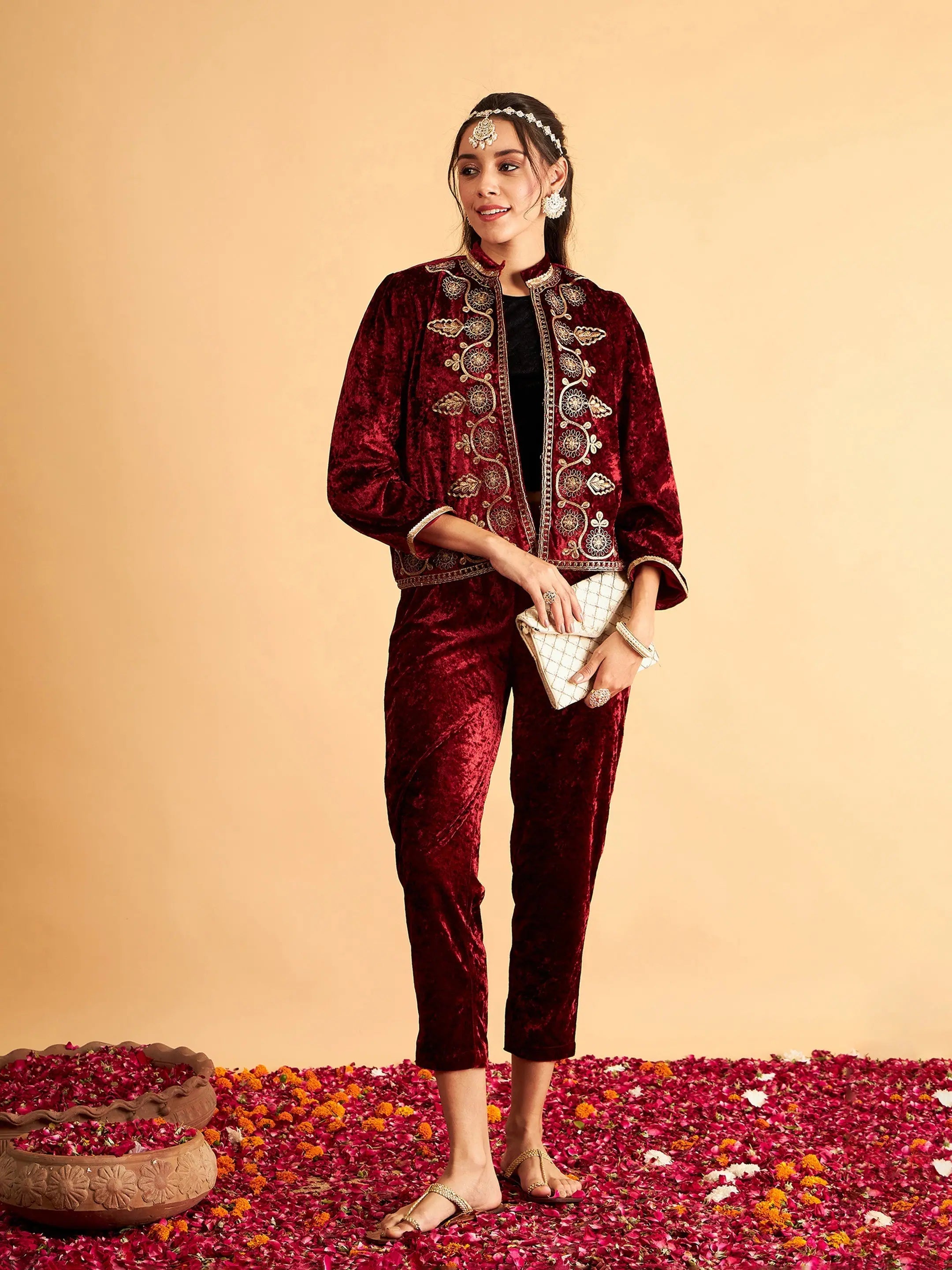 Women's Maroon Embroidered Velvet Jacket | Stylish Outerwear