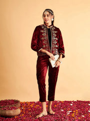 Women Embroidered Standard Maroon Collared Neck Full Sleeve Jacket
