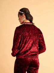 Women Embroidered Standard Maroon Collared Neck Full Sleeve Jacket