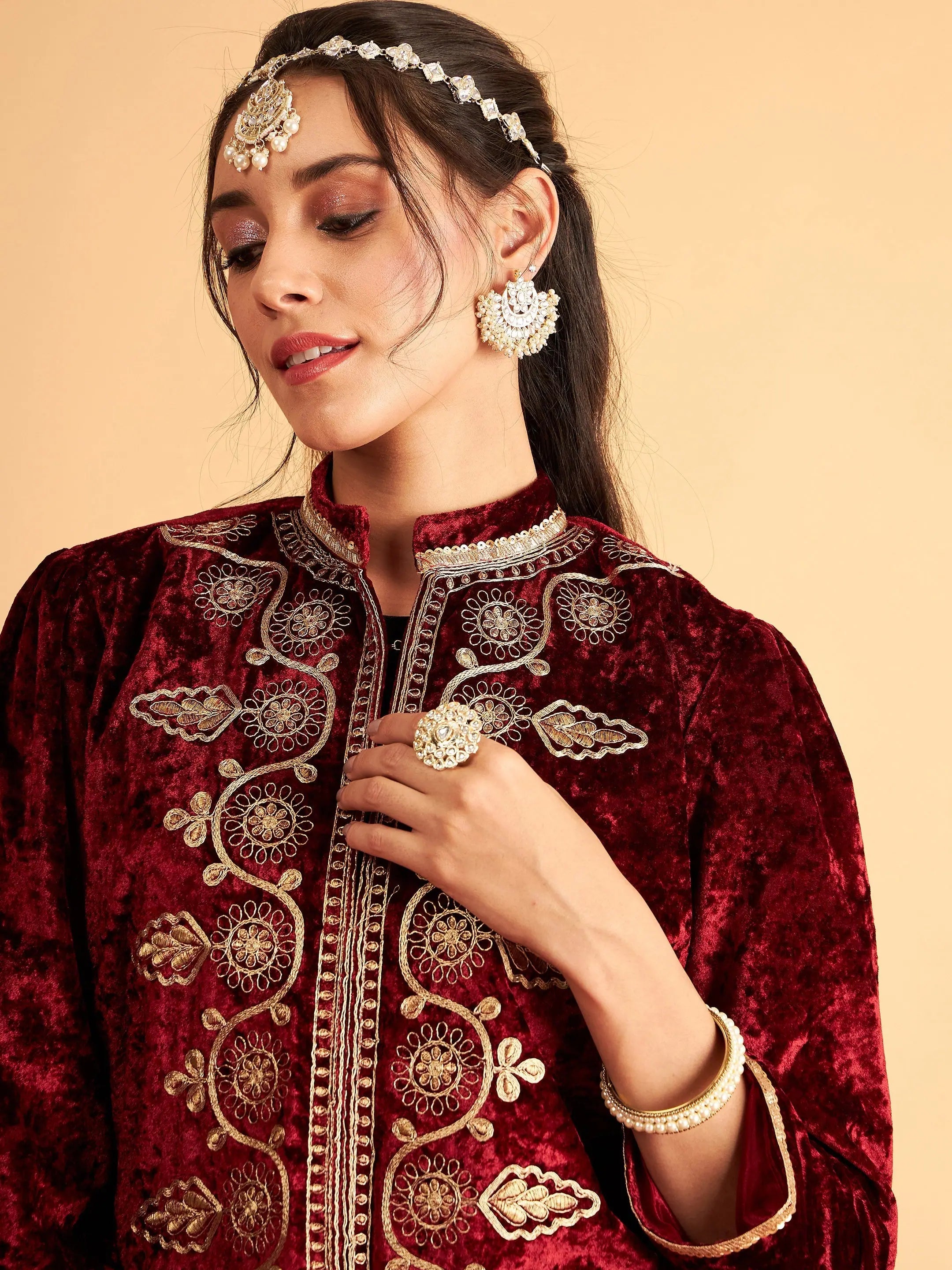 Women's Maroon Embroidered Velvet Jacket | Stylish Outerwear