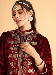 Women Embroidered Standard Maroon Collared Neck Full Sleeve Jacket