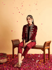 Women Embroidered Standard Maroon Collared Neck Full Sleeve Jacket