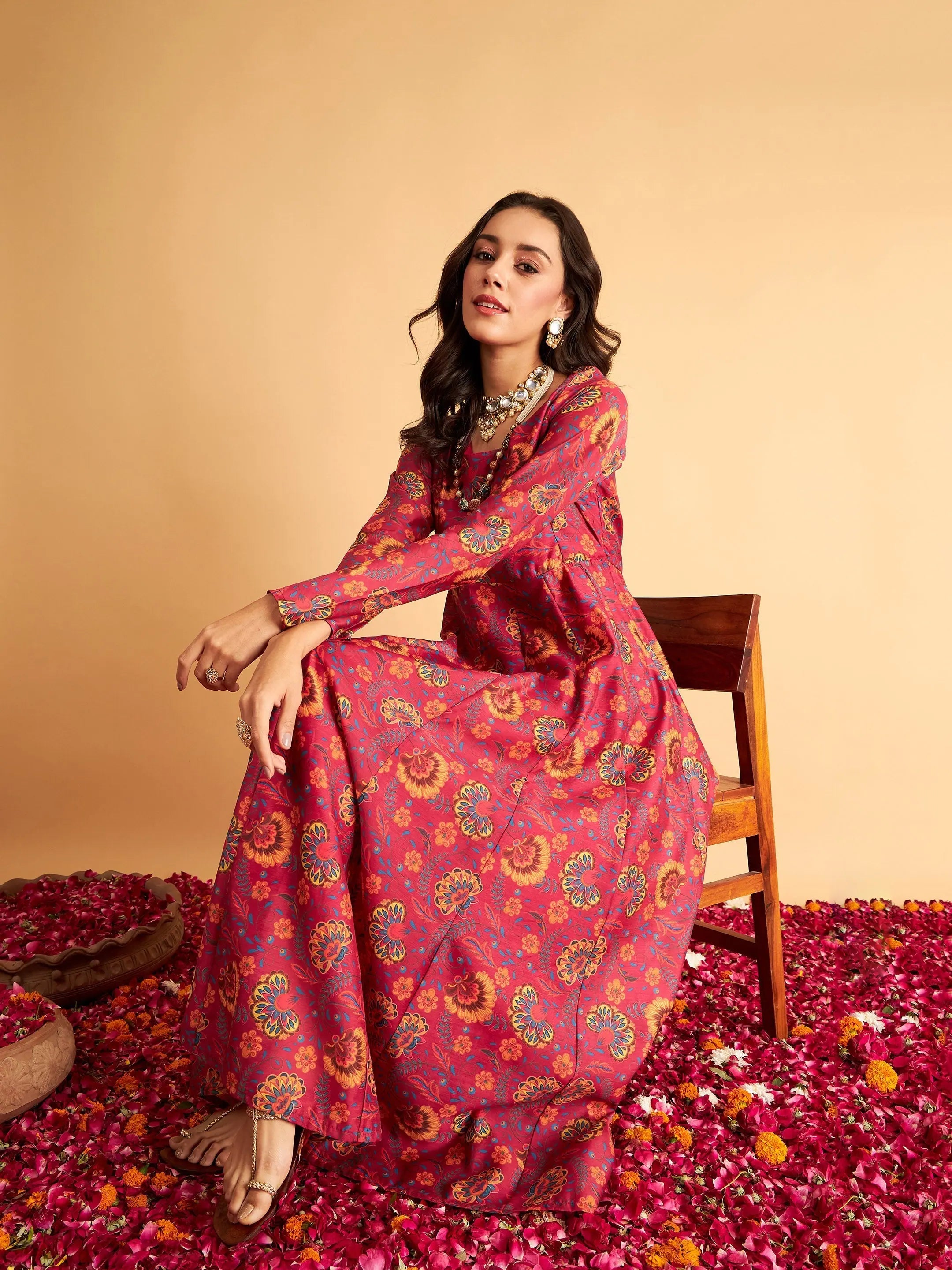 Fuchsia Floral Anarkali Dress | Women's Festive Lehenga Collec...